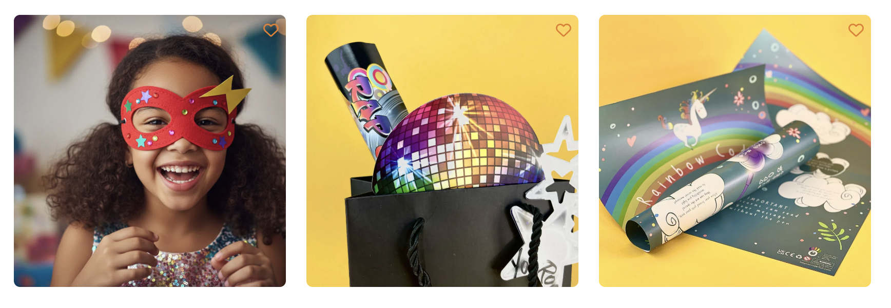 Kids party scene with smiling child wearing superhero mask alongside kids party bags filled with disco toys and unicorn rainbow activity sets, perfect party bag ideas and party favours for children’s birthday parties