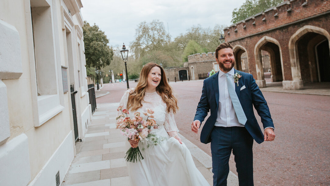  Jenny and James in very natural post-wedding photographs on a beautiful late Spring day outside St James’ Palace, London. 