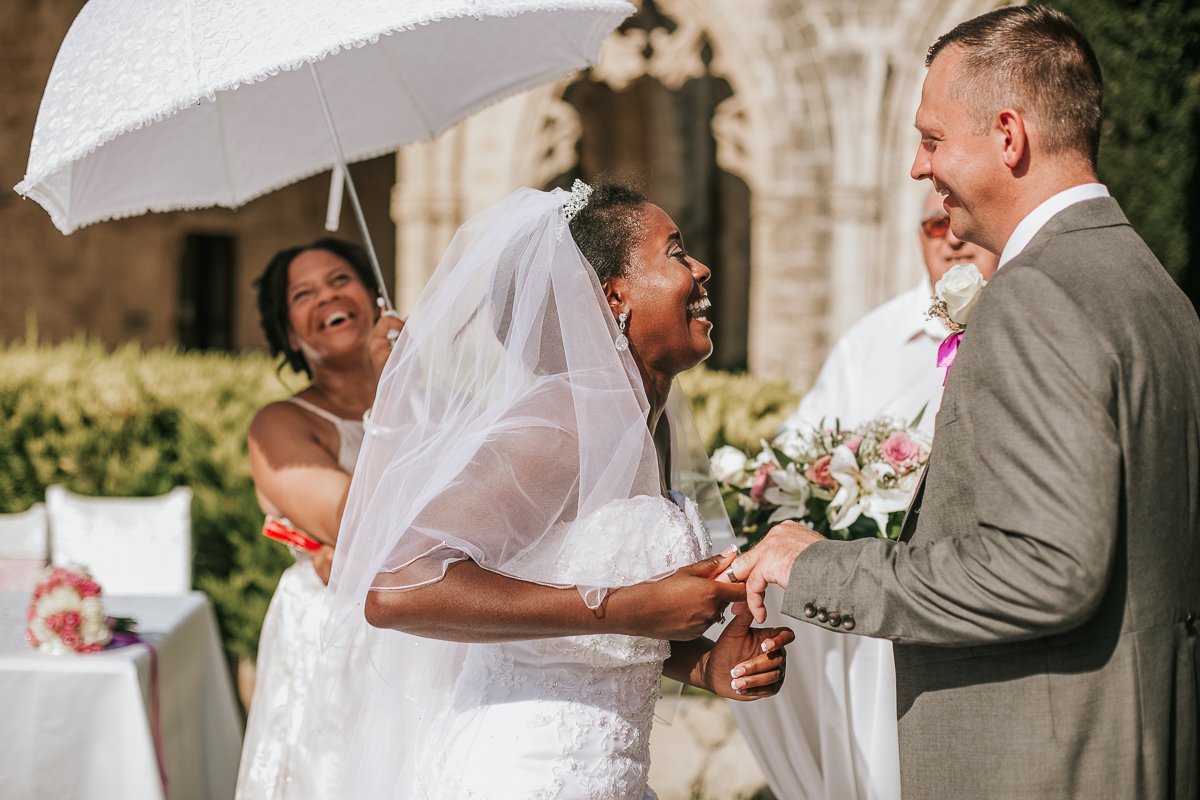 Just married couple laughing at Bellapais Abbey, Cyprus