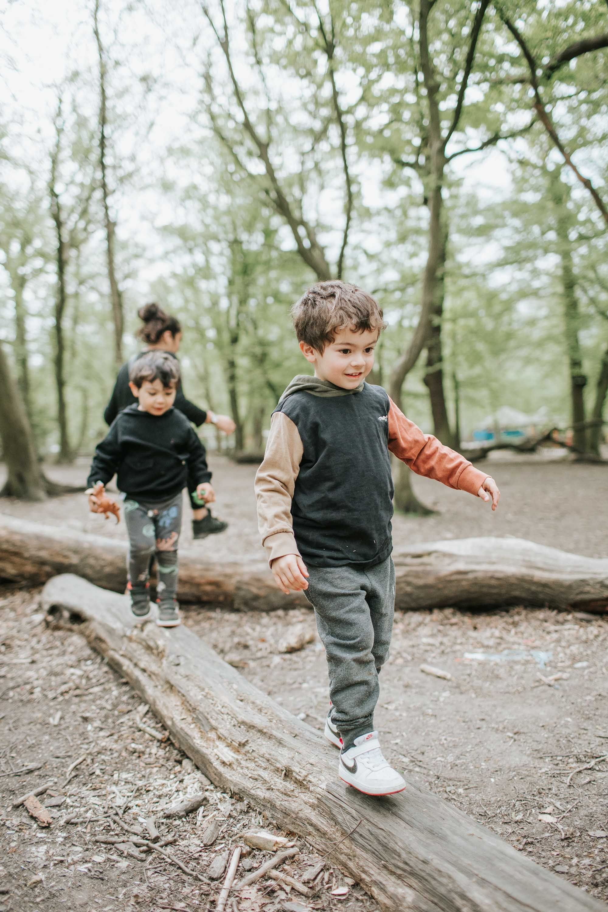 Two brothers playing on a log in Highgate Woods.