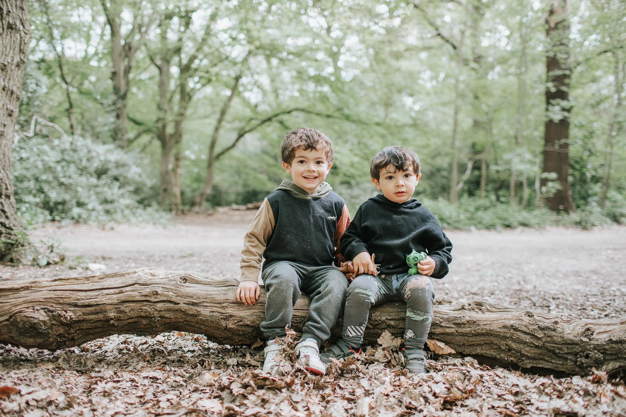Two young boys sitting on a log in Highgate Woods.