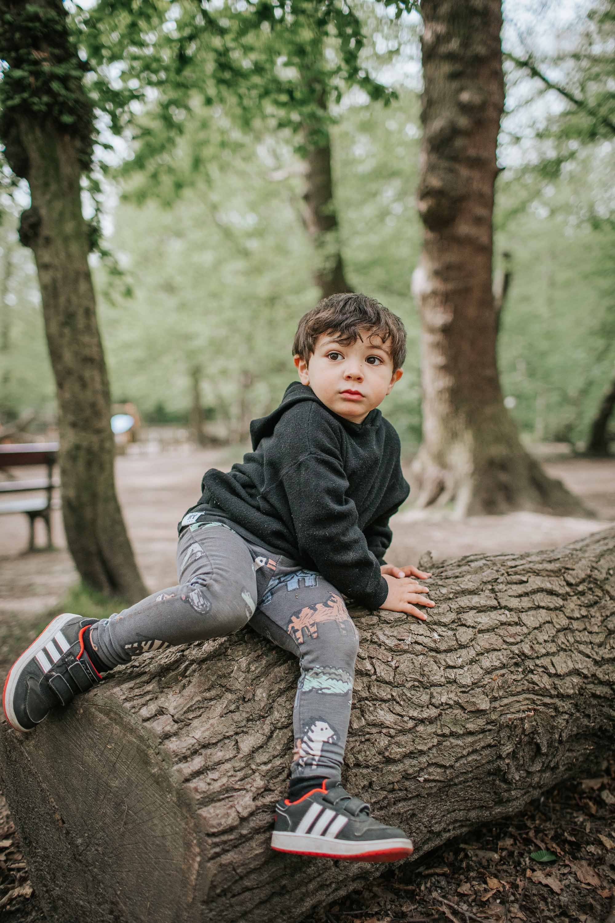 Young child sitting on log in Highgate Woods.