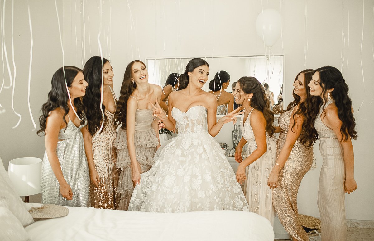 Bride Xenia and her bridesmaids on her greek wedding day.