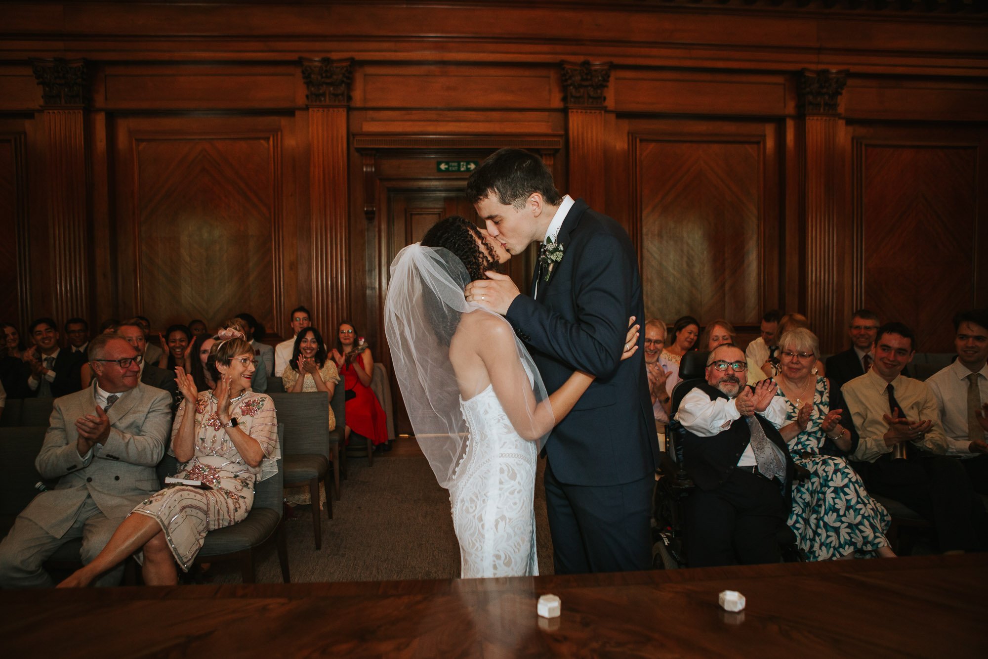  The bride and groom kissing after being pronounced man and wife in the Westminster room at Marylebone town hall in Marylebone, London. 