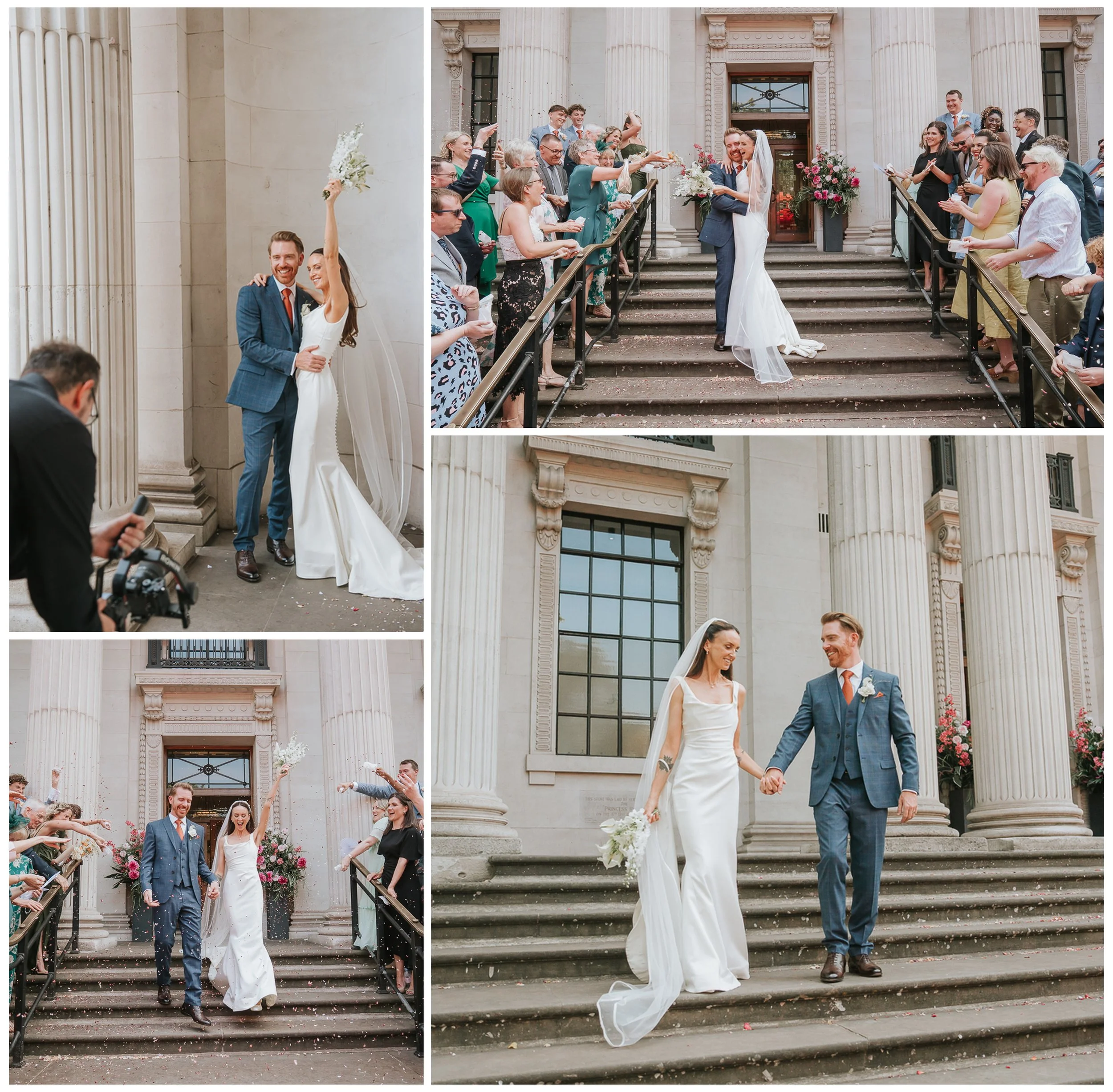A collage of four images showing a bride and groom after their wedding at Marylebone Town Hall on the steps outside.