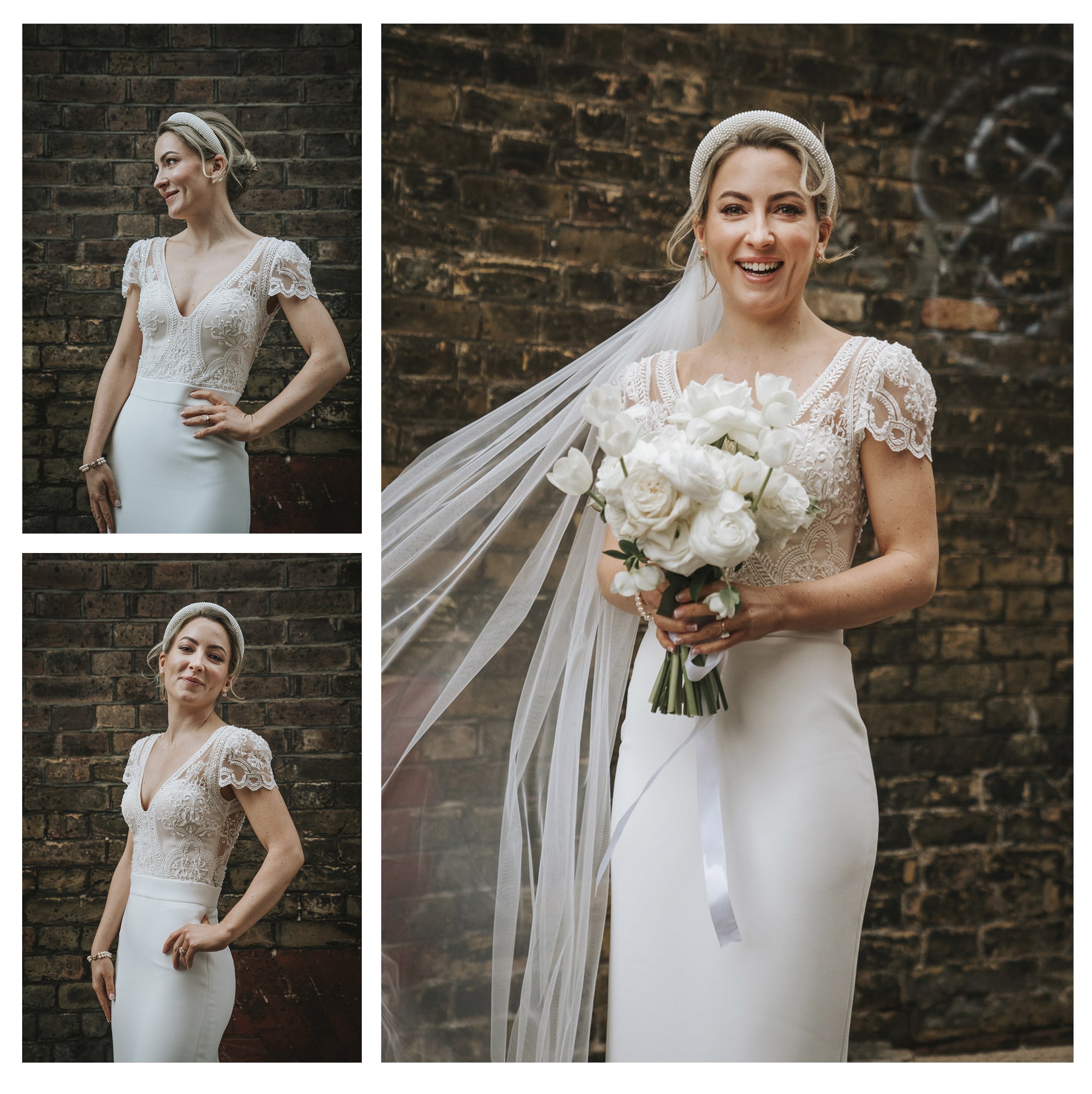  Three images of a bride looking happy and holding her wedding bouquet in front of the brick wall behind southwark register office. 