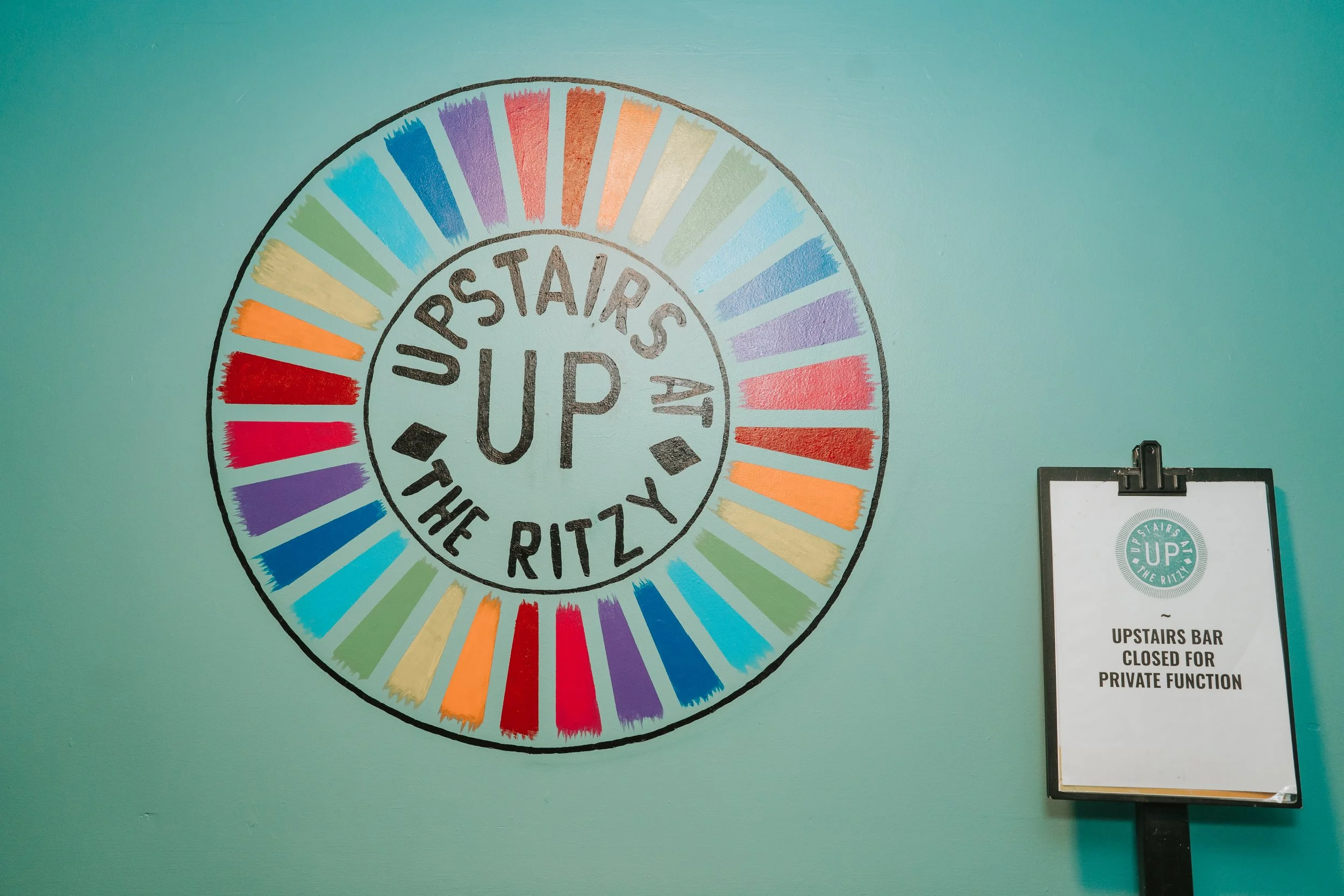 Colourful mural at Upstairs at The Ritzy, the private bar and event space used for wedding receptions. 