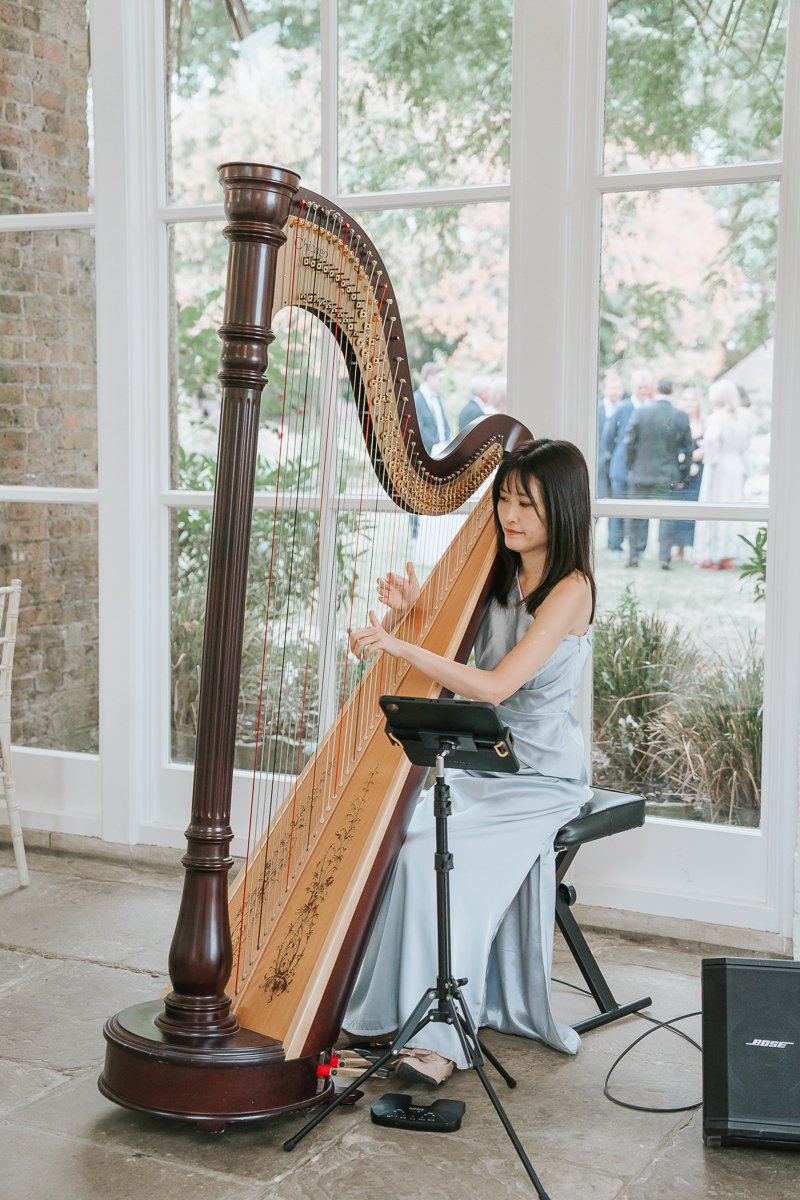  Harpist performing live at a London wedding in a bright conservatory space, with guests chatting in the garden outside. 