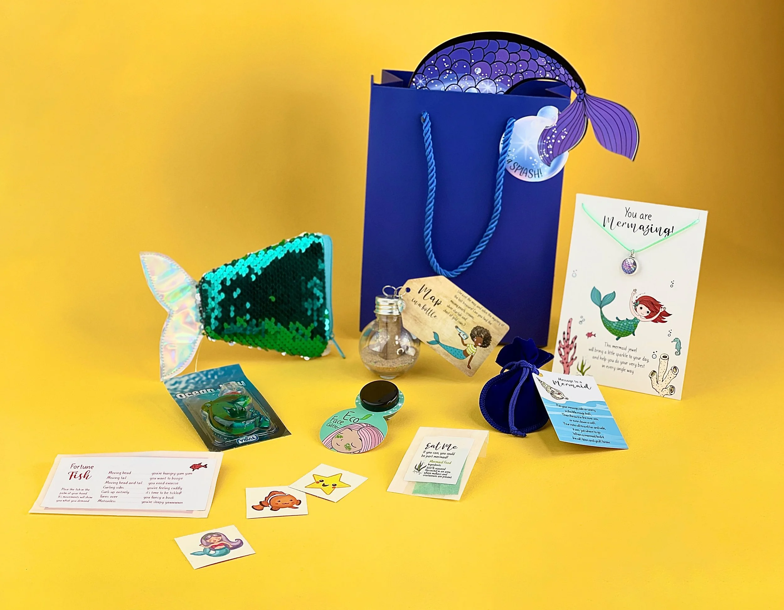  Mermaid kids party bag filled with ocean-themed toys, necklace and gift items for children’s parties and birthday celebrations 