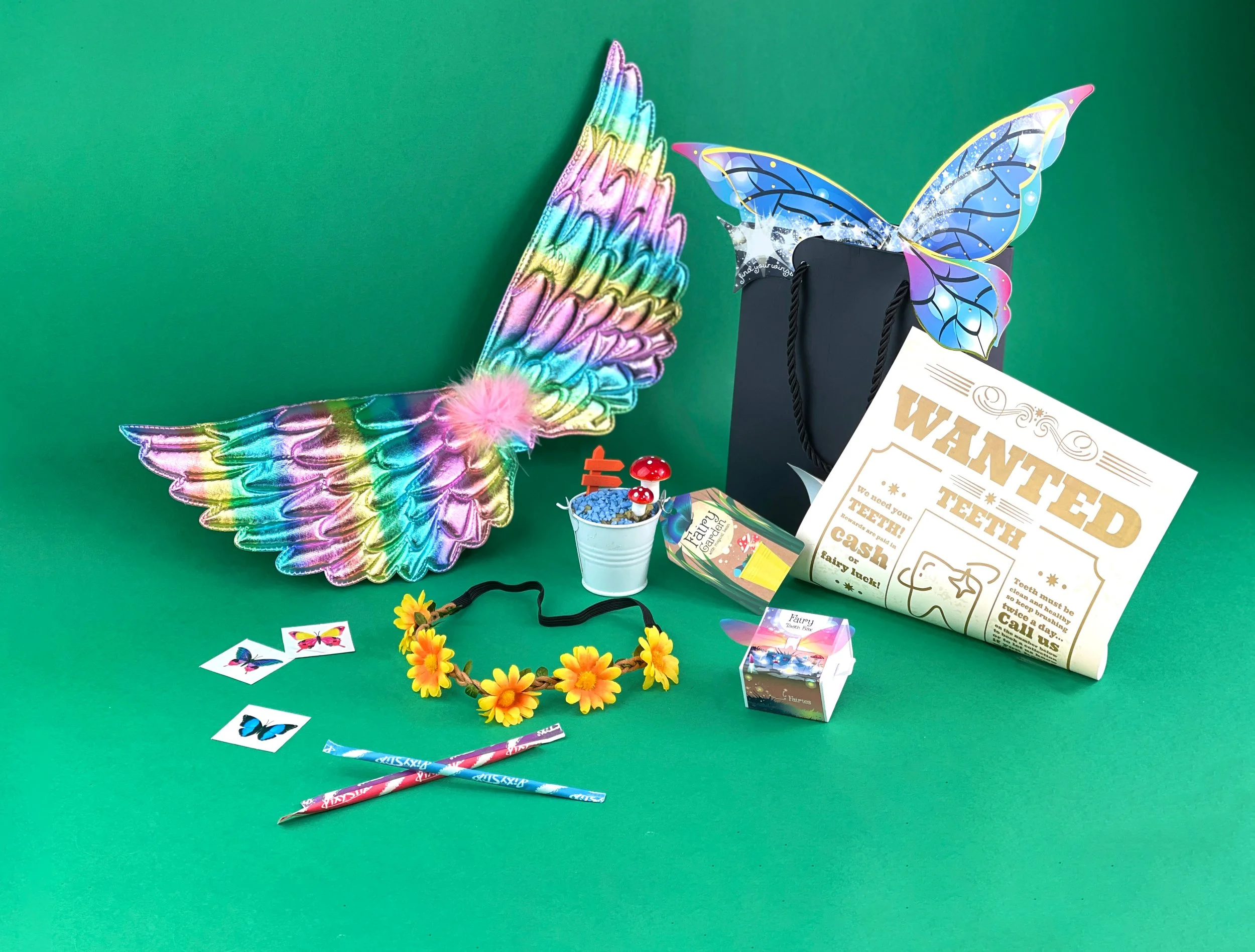  Fairy themed kids party bags with rainbow wings, flower crown and magical toys for children’s birthday parties 