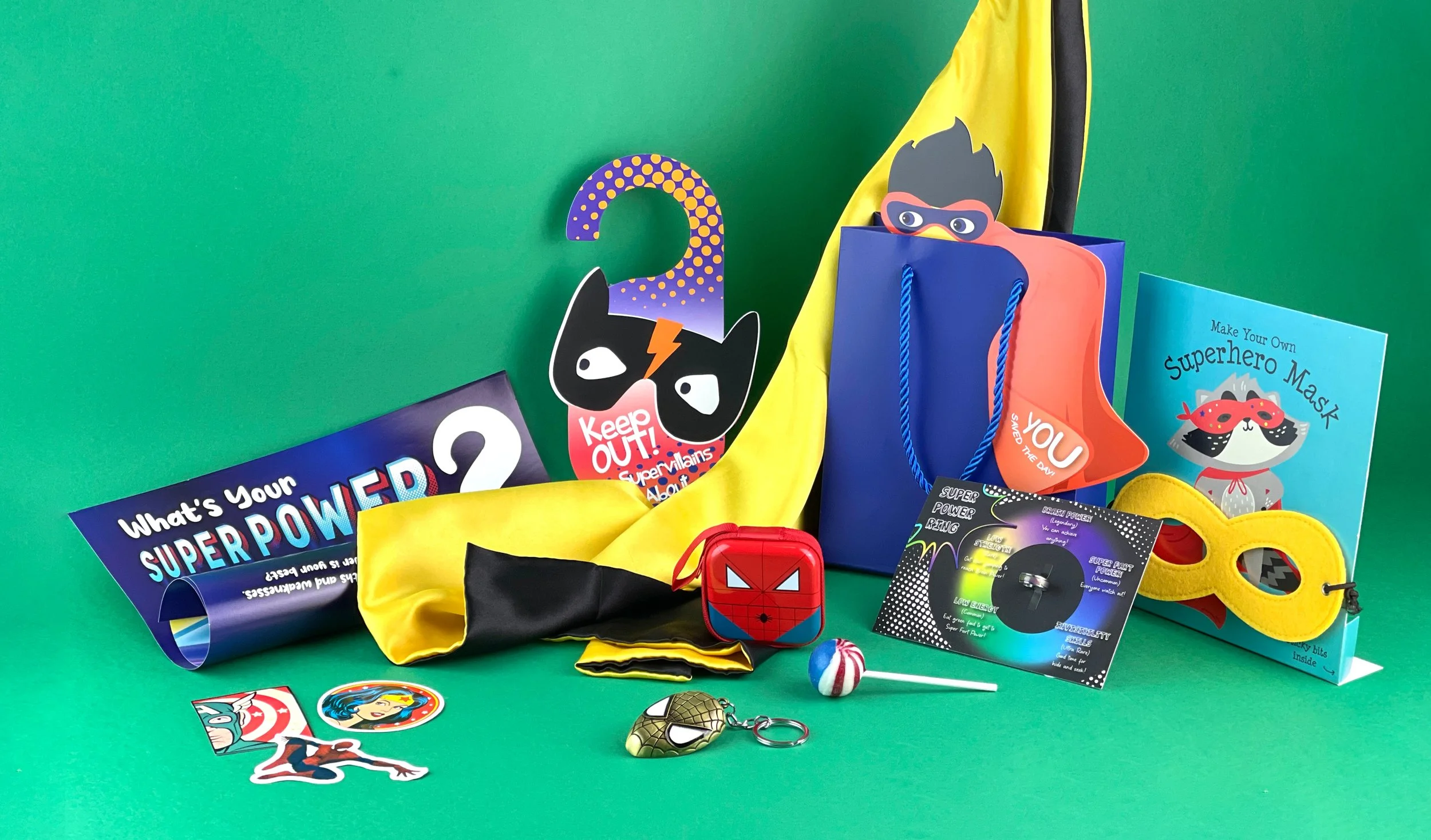  Superhero kids party bags with masks, capes and themed toys for children’s birthday parties and fun party favours 