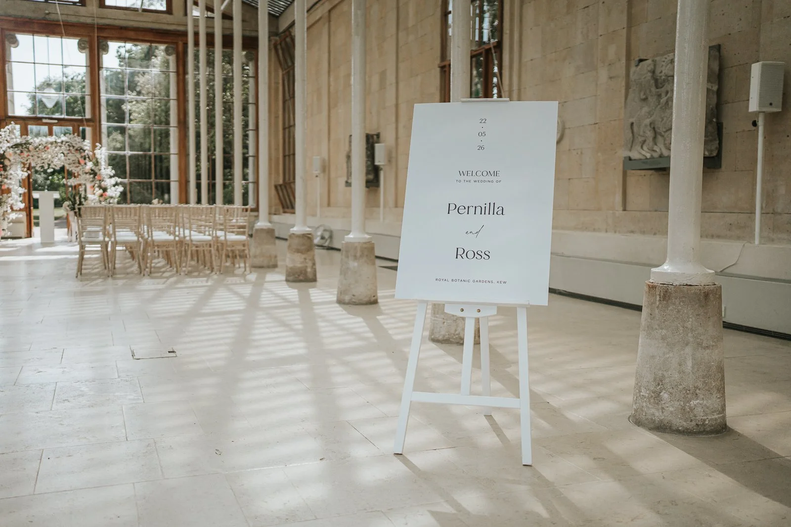  Welcome sign for a wedding at The Nash Conservatory, Royal Botanic Gardens Kew 