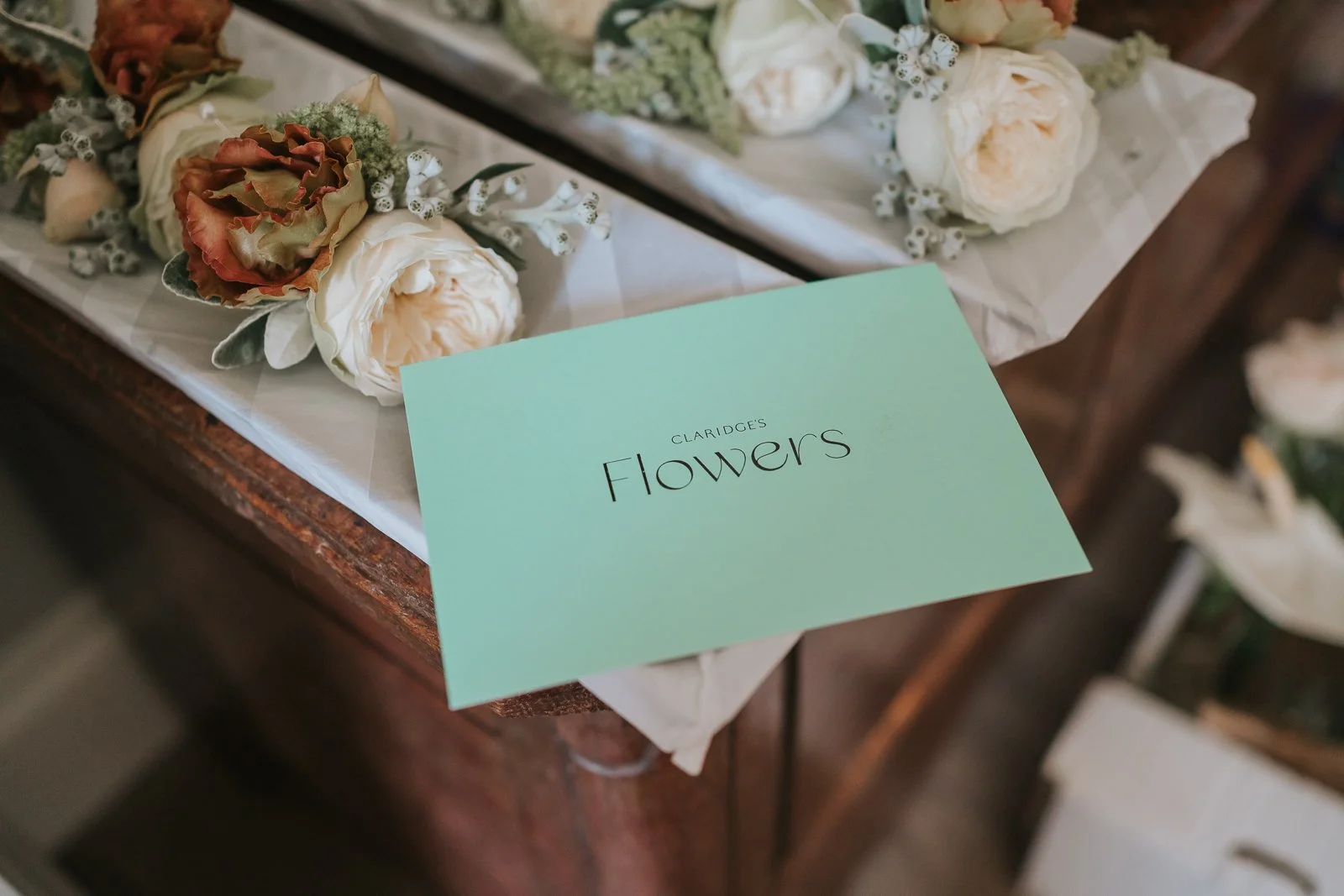  Wedding flowers from Claridge’s Flowers displayed in preparation for an intimate wedding at The Zetter Townhouse Clerkenwell. 