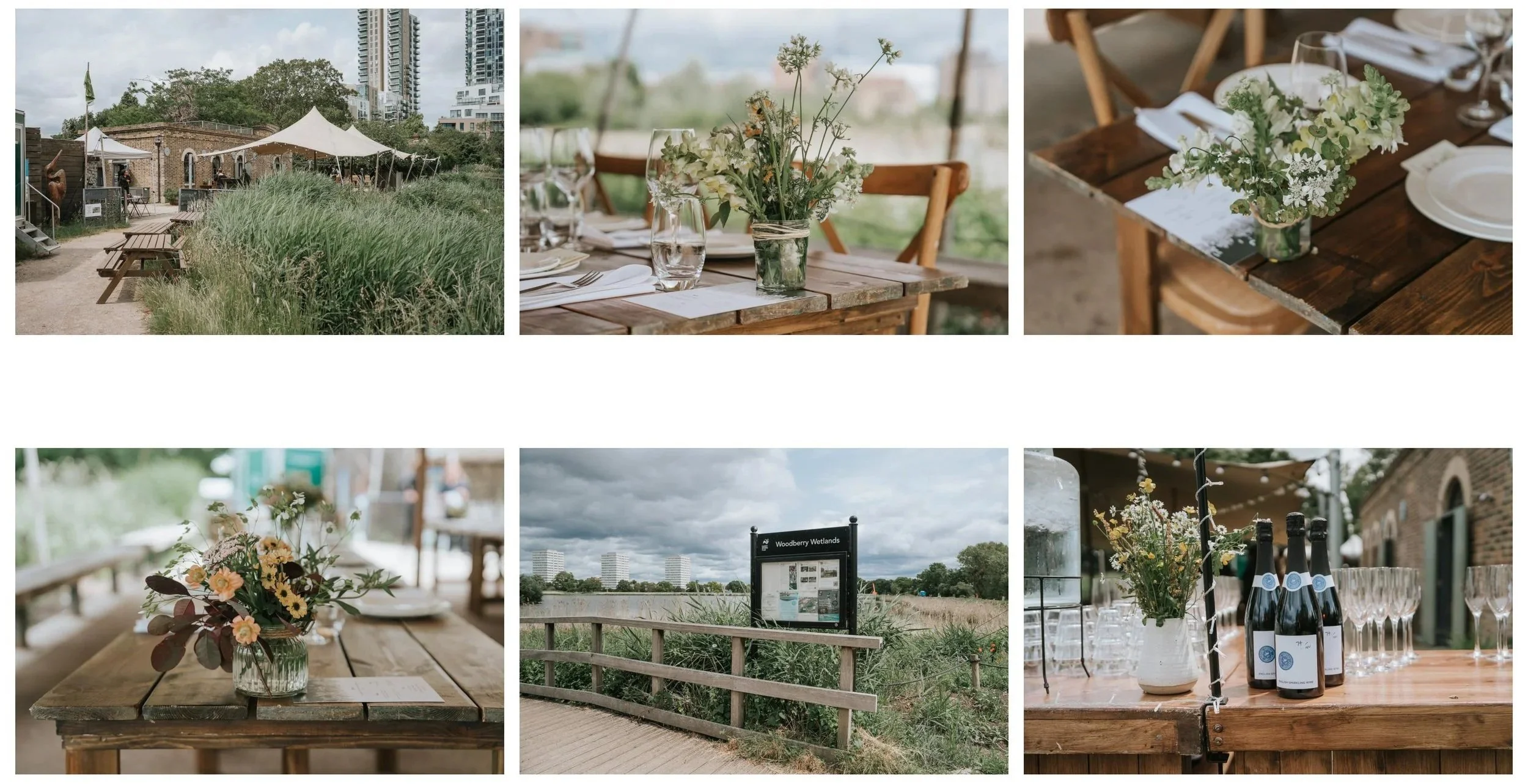  Collage of six wedding photography images from Woodberry Wetlands in London, blending wildflower centrepieces, nature views, and rustic outdoor table setups – a perfect choice for eco-friendly wedding inspiration. 