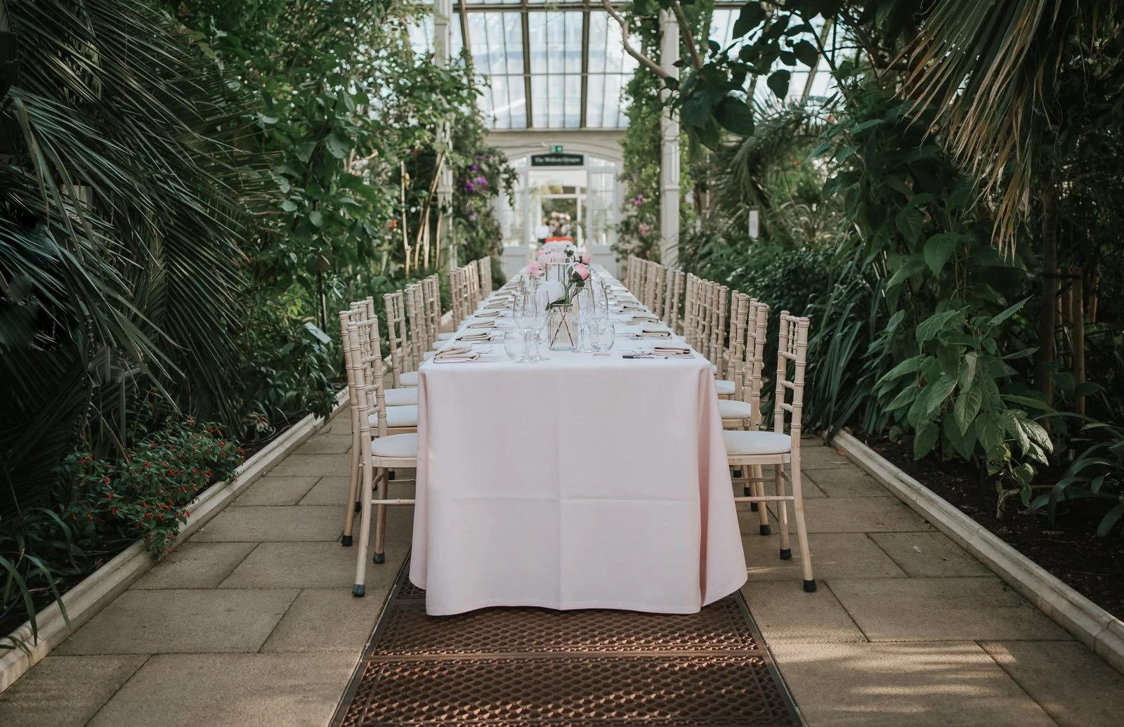  Long banquet table set for a wedding reception inside the Temperate House at Kew Gardens, surrounded by lush tropical plants and Victorian glasshouse architecture. 