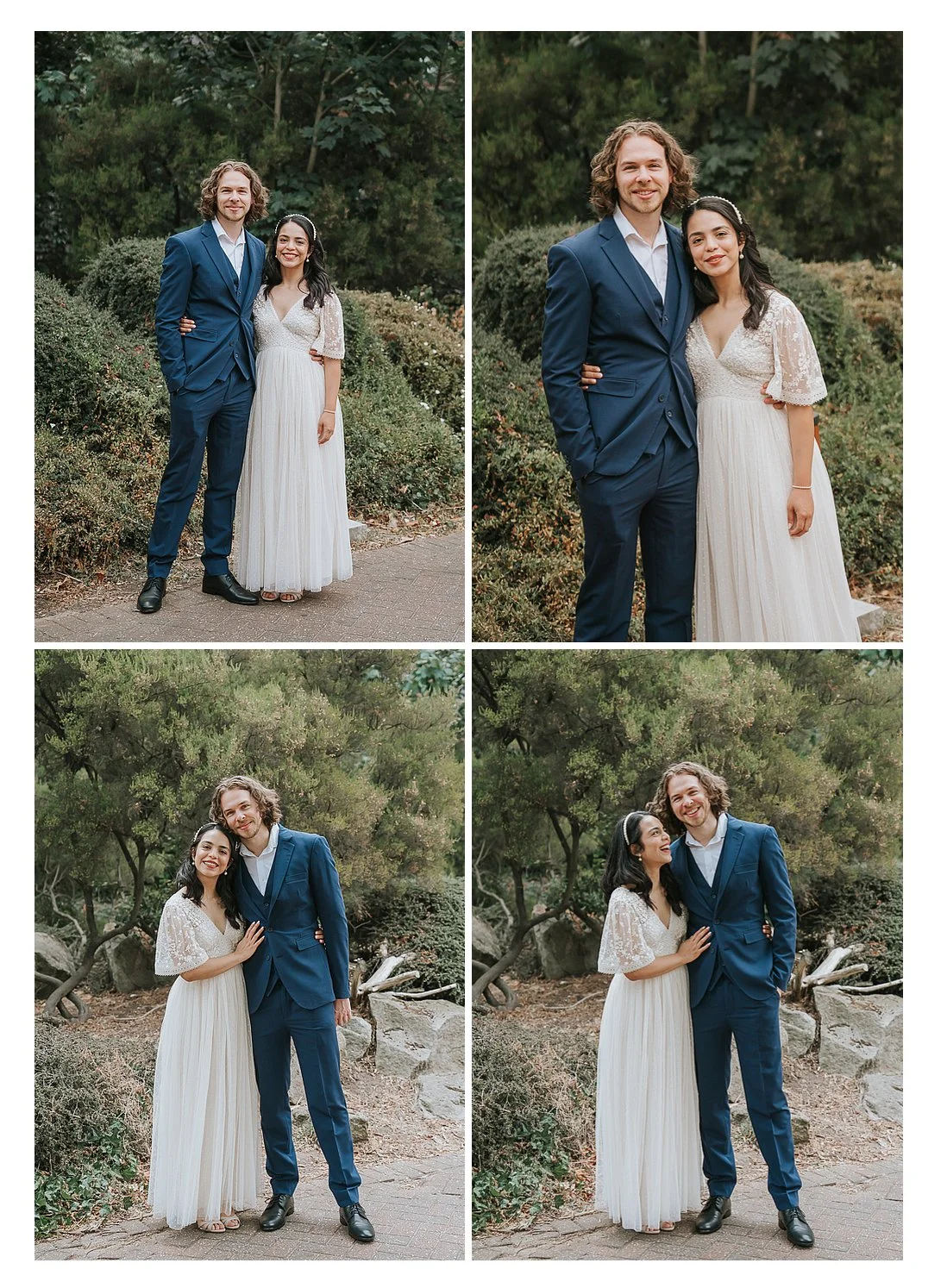  Four relaxed wedding portraits of the newly married couple in the gardens outside Kingston Register Office, smiling together amongst the trees after their intimate civil ceremony in Kingston upon Thames. 