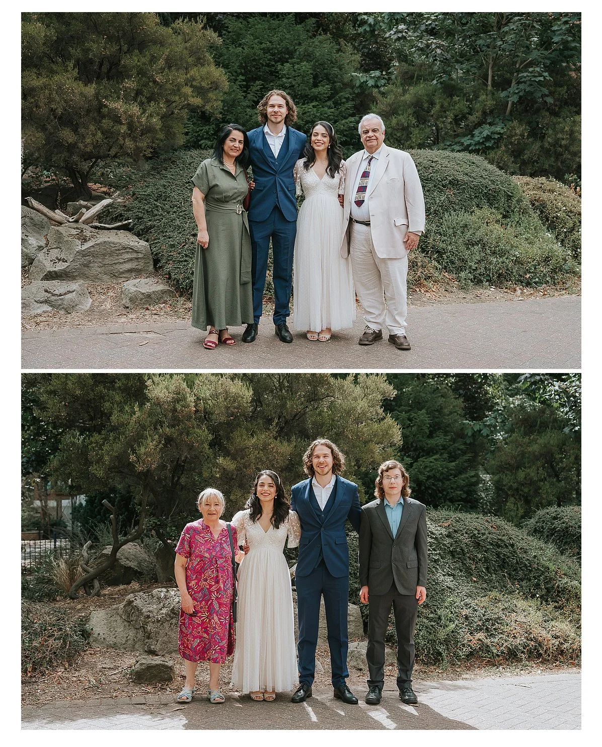  Family group portraits taken in the gardens outside Kingston Register Office after an intimate civil wedding ceremony, with the newly married couple celebrating alongside close relatives in Kingston upon Thames. 