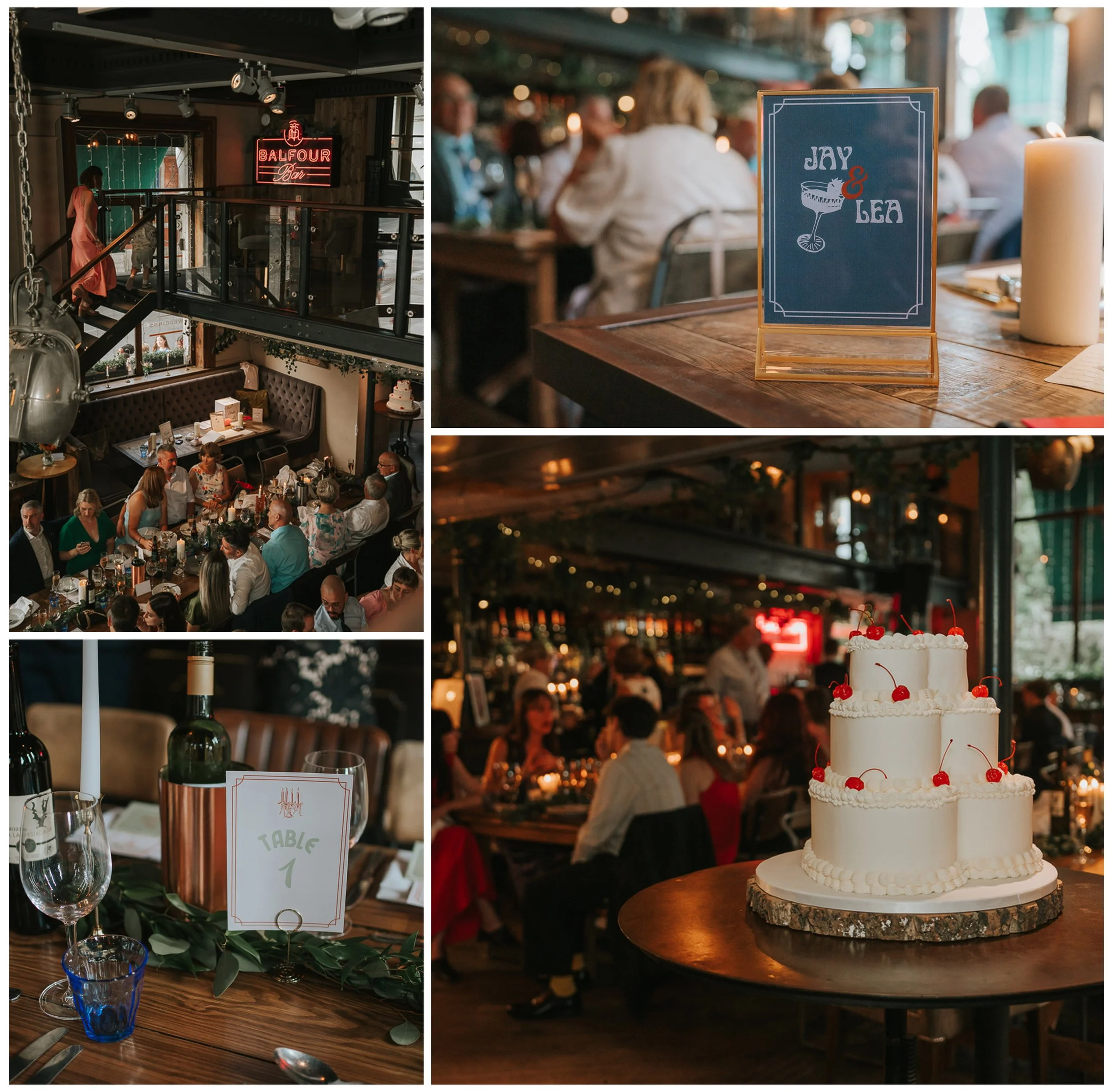  Wedding details at Balfour St Barts, including the personalised table stationery, tiered wedding cake and guests enjoying the reception. 