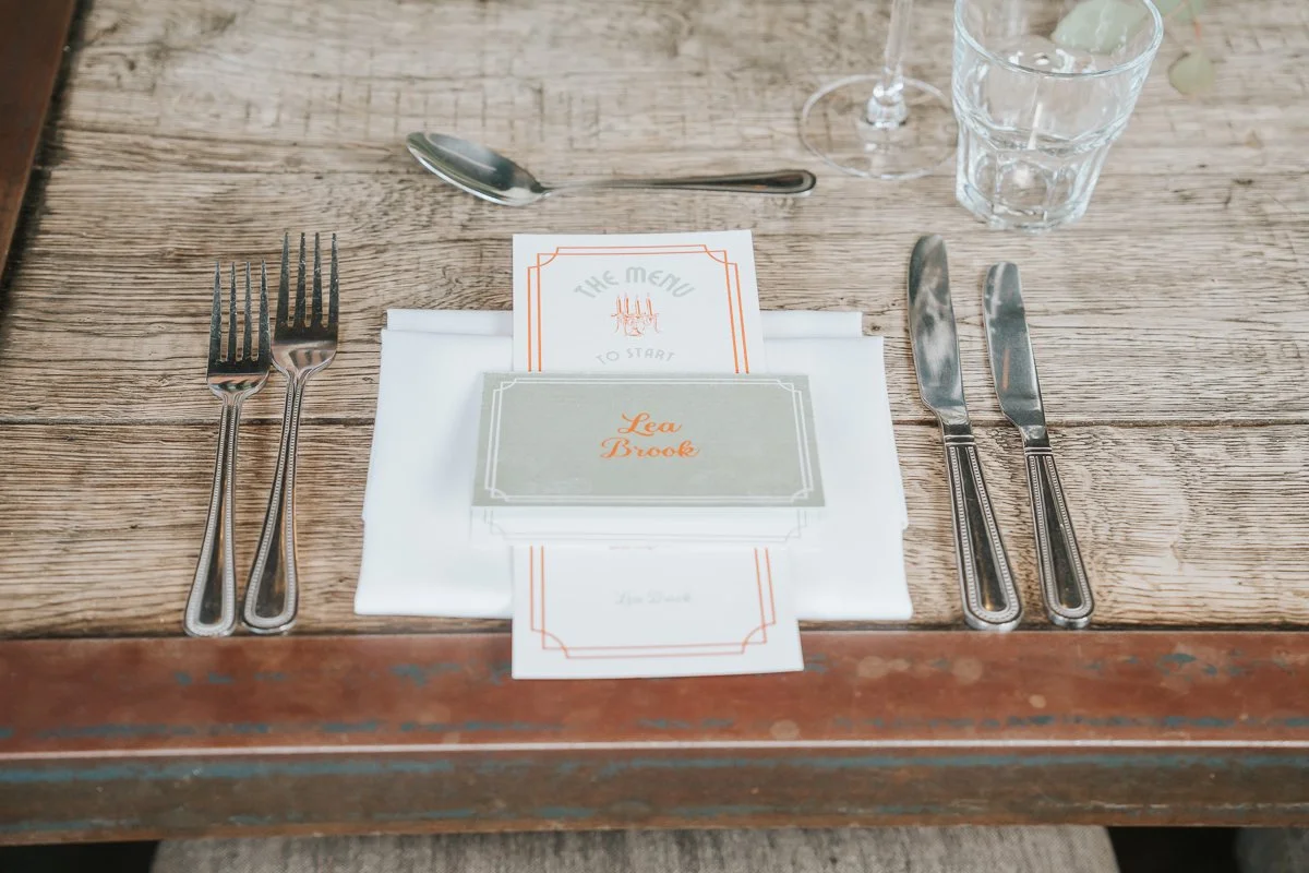   Wedding table setting with personalised menu and place card at Balfour St Barts in Smithfield.  