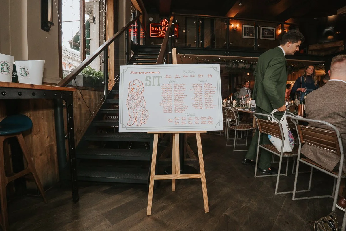   Wedding seating plan displayed inside Balfour St Barts during a Smithfield wedding reception.  