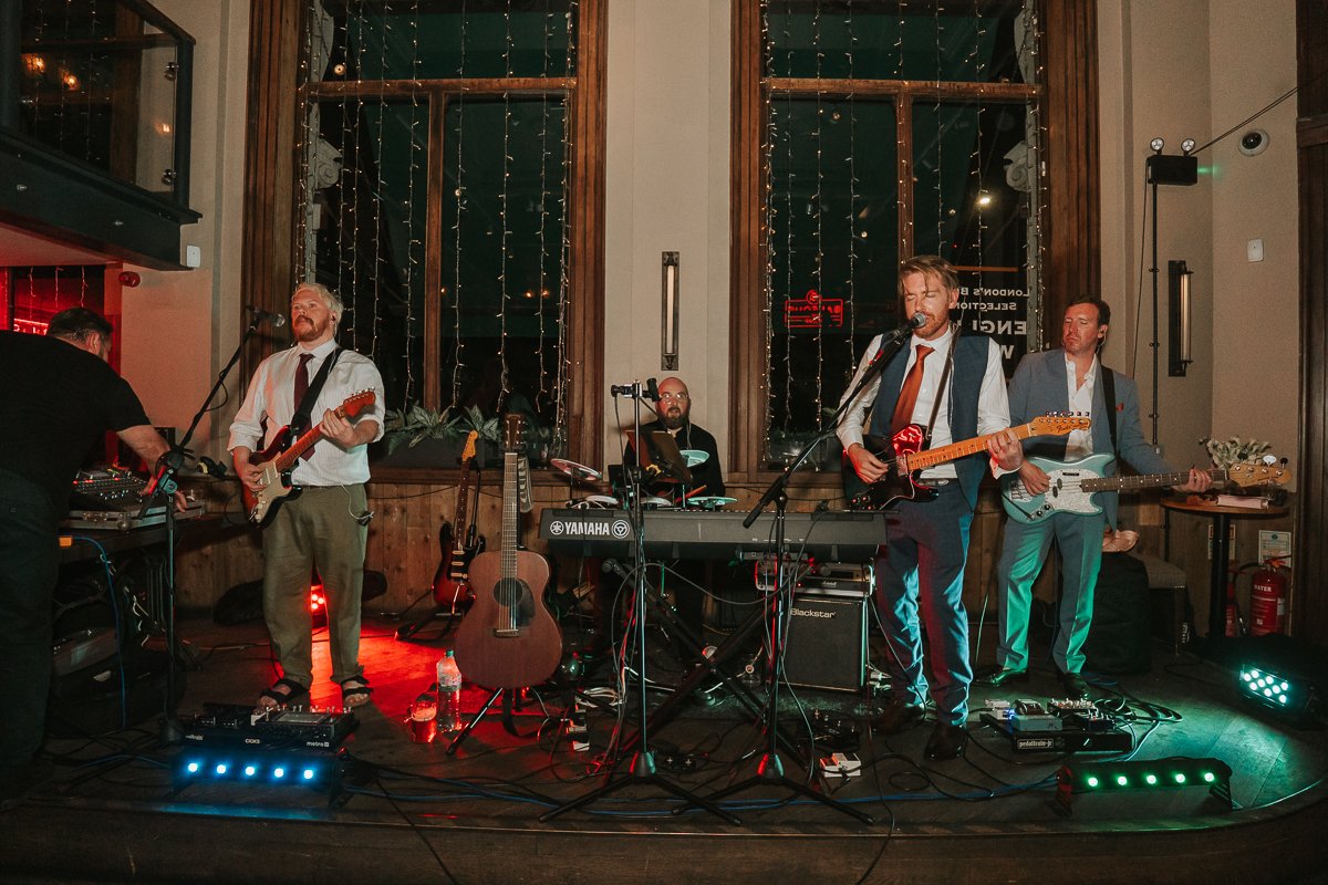  Live band performing inside Balfour St Barts during a Smithfield wedding reception. 