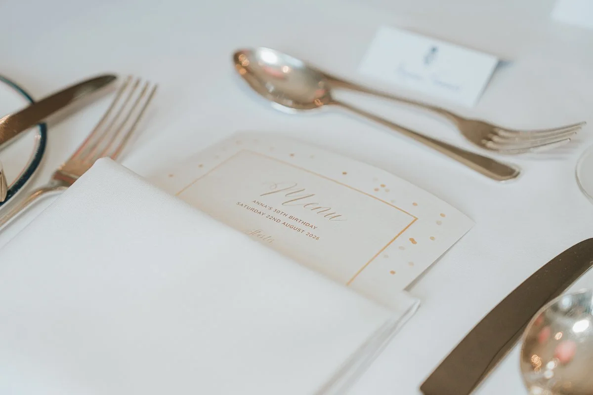  Close-up of a personalised 30th birthday menu at a private dining event at The Queen’s Club in London. 
