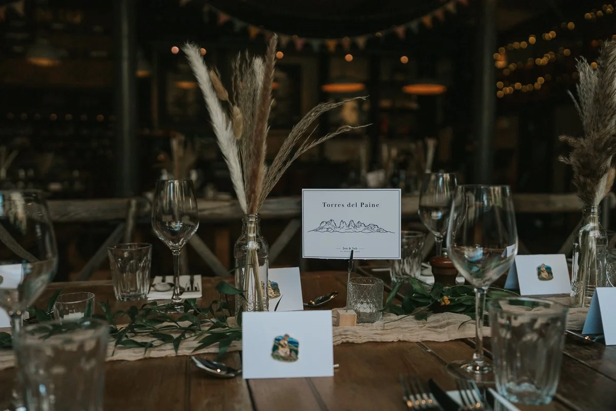  Wedding table setting at The Depot Islington with dried flowers, personalised place cards and glassware. 