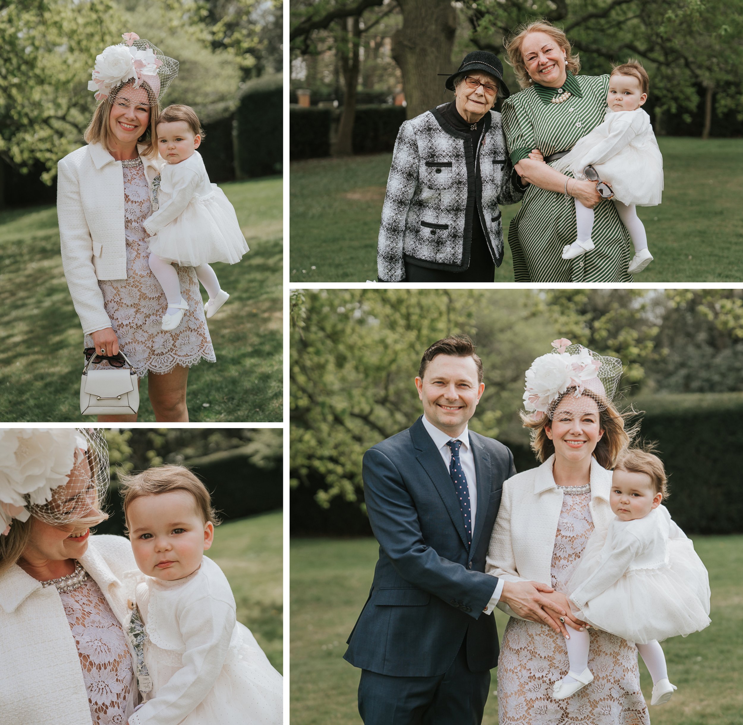 A montage of four Christening images showing baby with parents and Grandmothers.