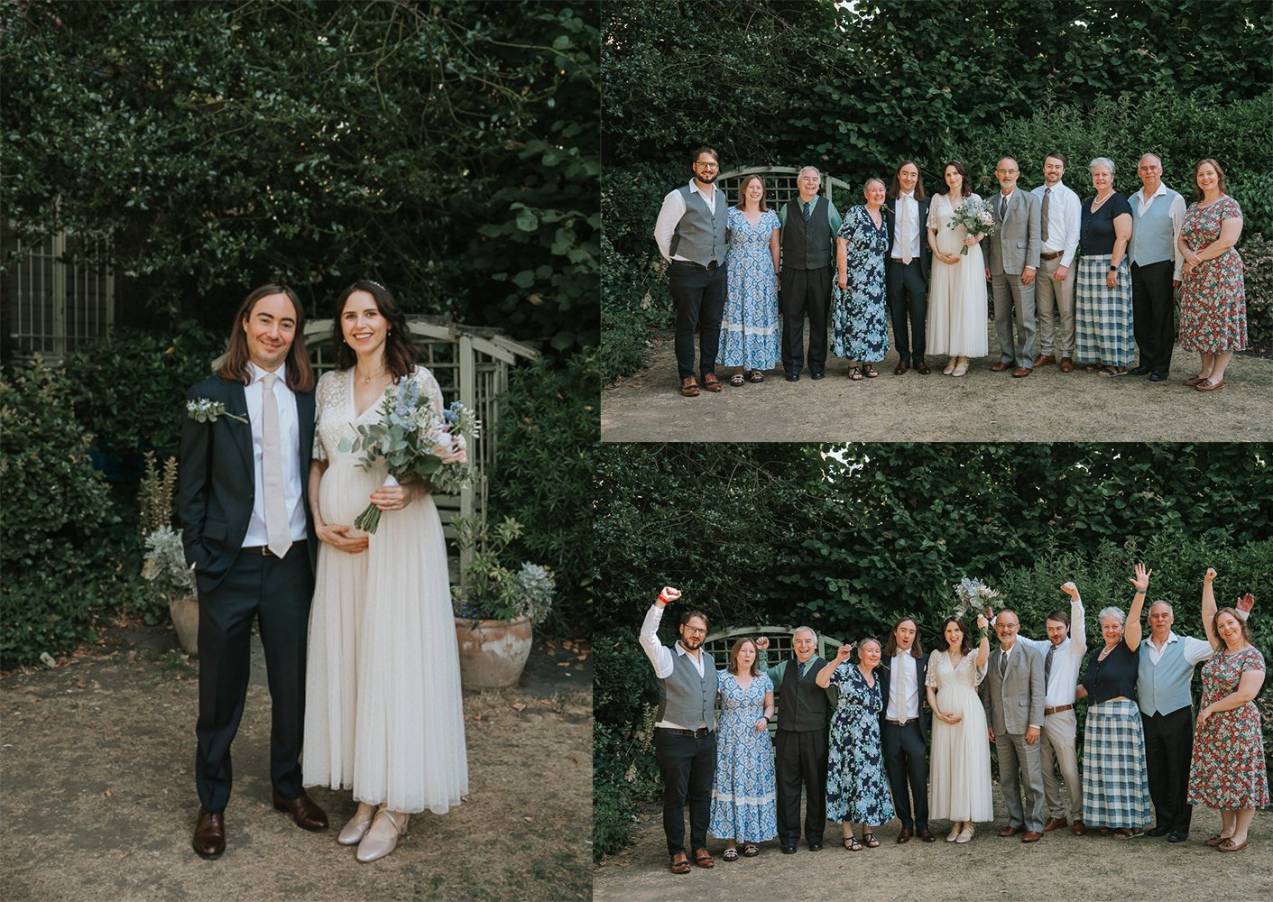 Wedding photography montage in the gardens of Southwark Register Office in Camberwell, featuring the bride and groom together, a formal family group portrait, and a fun celebratory group photo after their intimate London civil wedding ceremony.