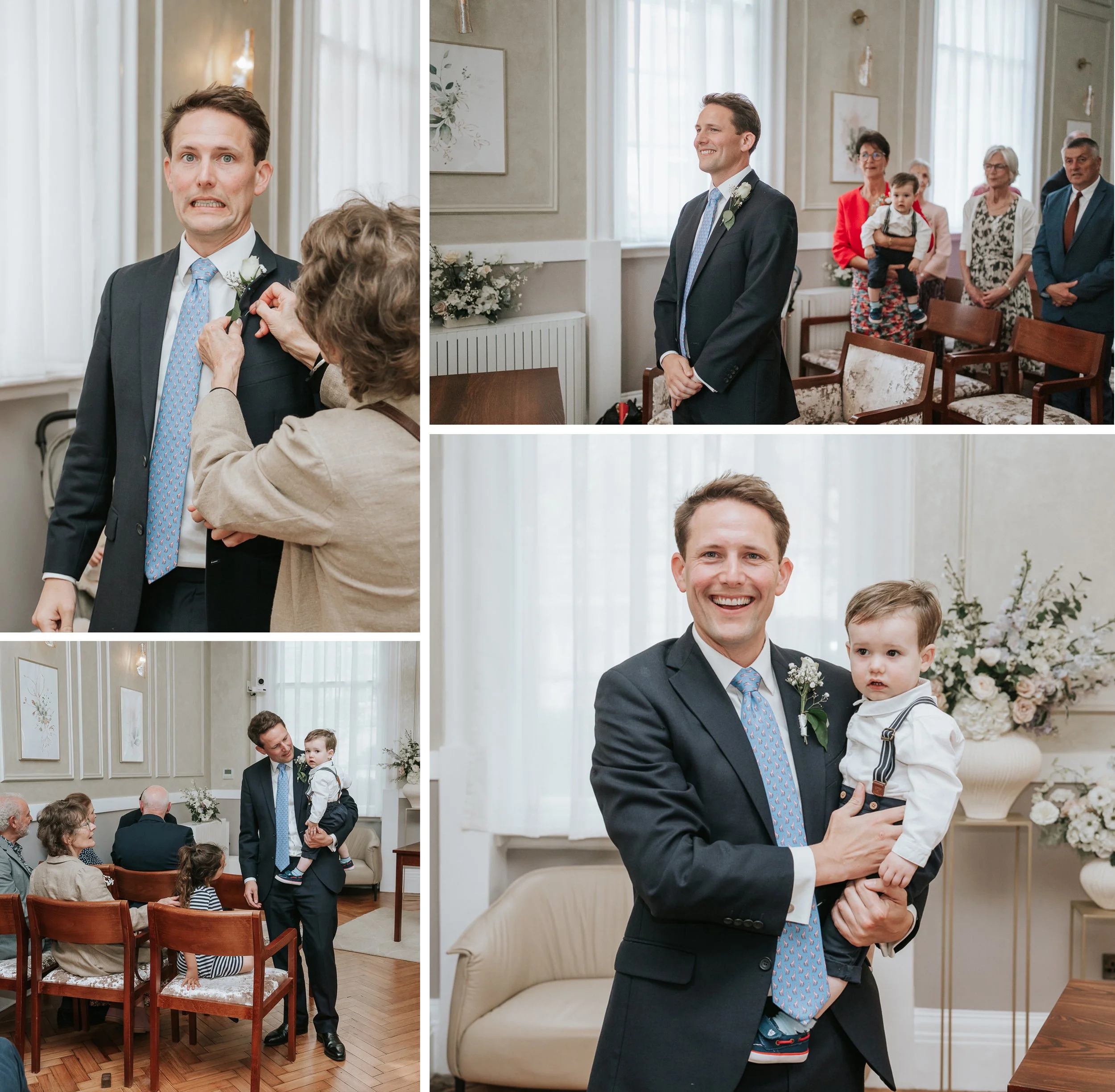 Four images of documentary photography of a groom waiting for hos bride in The Brydon Room at Chelsea Old Town Hall.