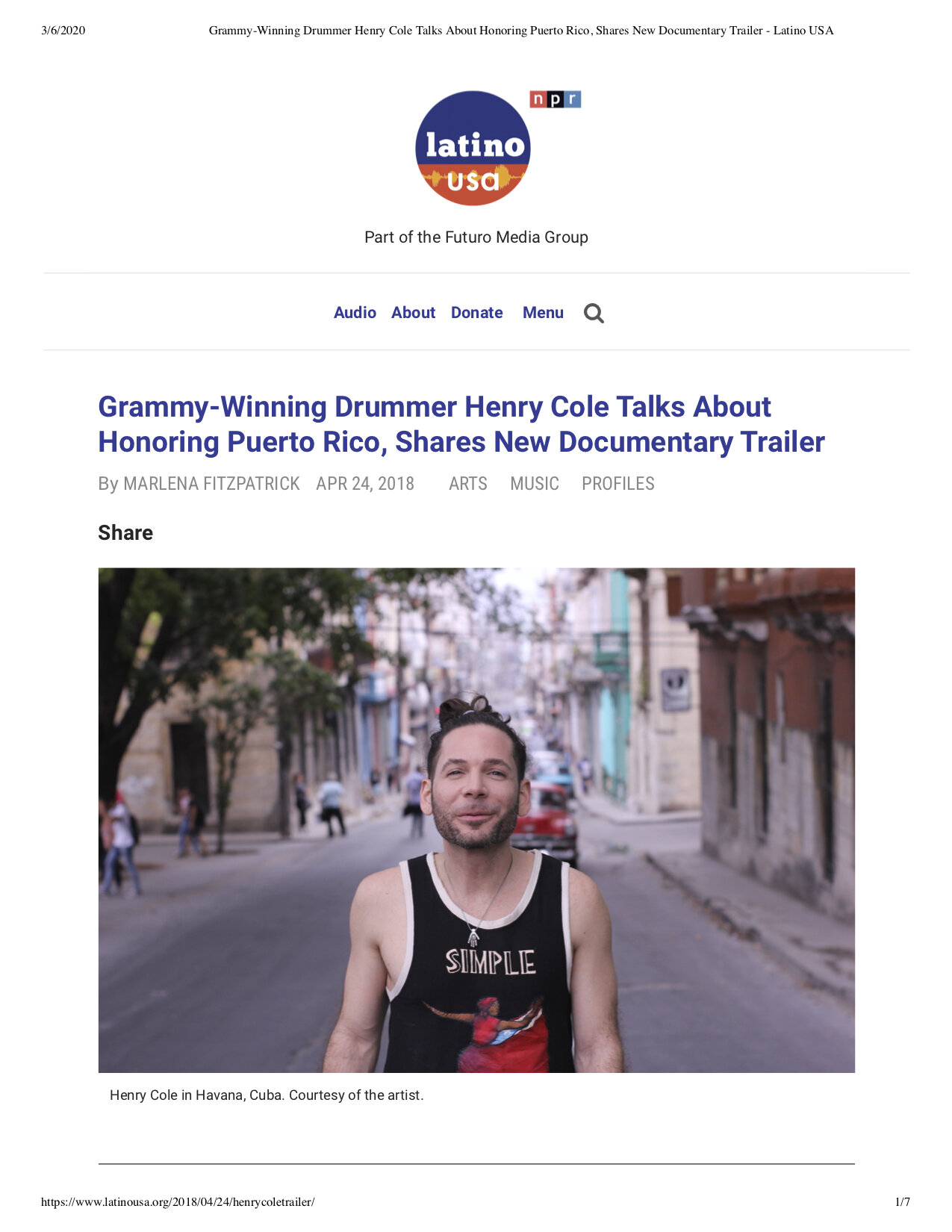 Grammy-Winning Drummer Henry Cole Talks About Honoring Puerto Rico, Shares New Documentary Trailer - Latino USA (dragged) copy.jpg