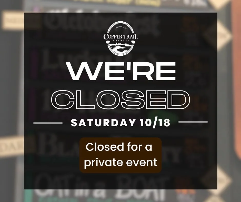 This Saturday we are closed to the public for a private event! 

#alexandriamn #downtown #downtownalex #brewpub #brewery #minnesota #beer #craftbeer #fallseason