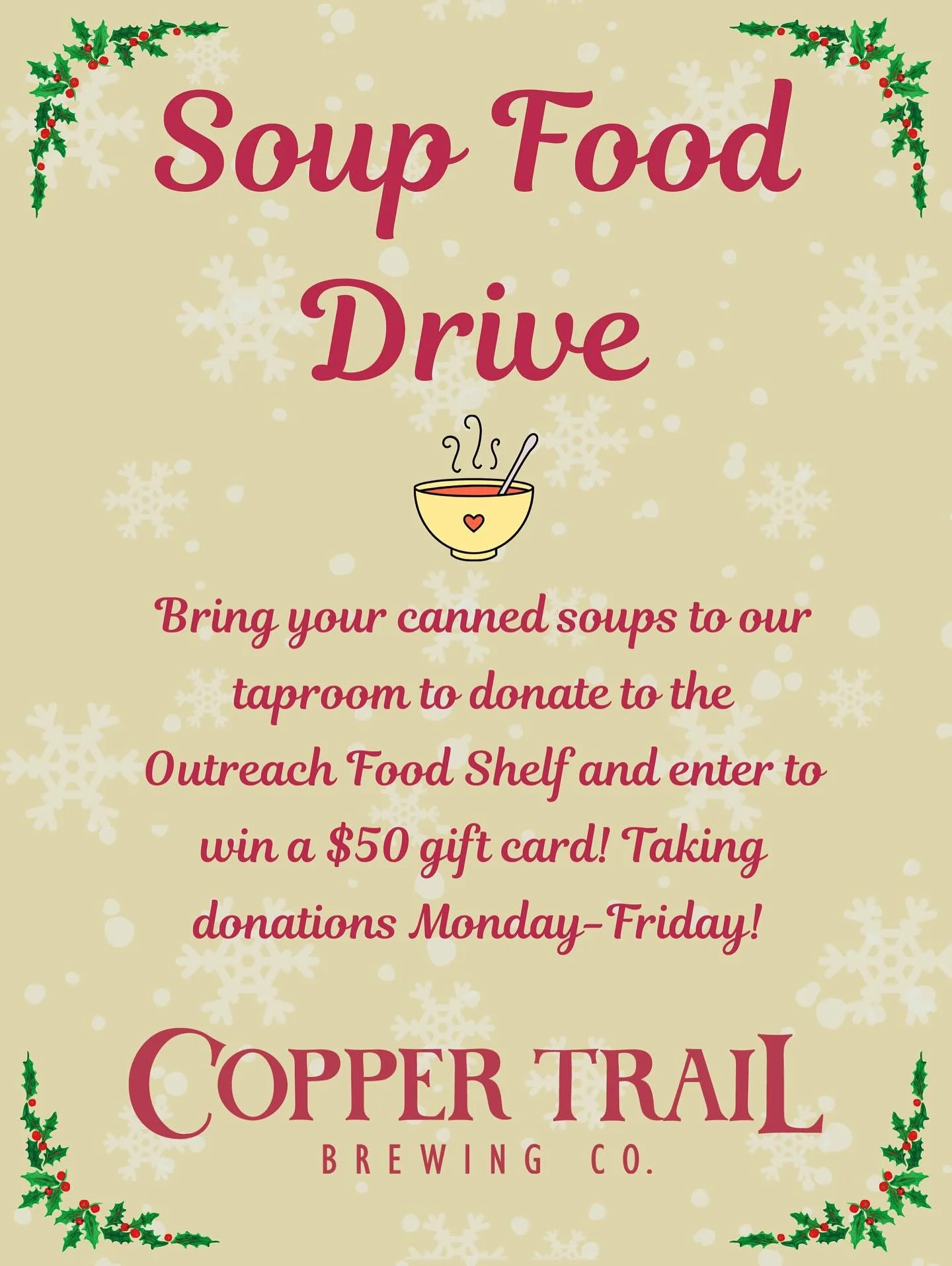Soup Food Drive November 24th-28th! Bring your canned soups to our taproom and enter to win a $50 gift card for donating! We are closed for Thanksgiving Day! 

#alexandriamn #downtown #downtownalex #brewpub #brewery #minnesota #beer #craftbeer #falls