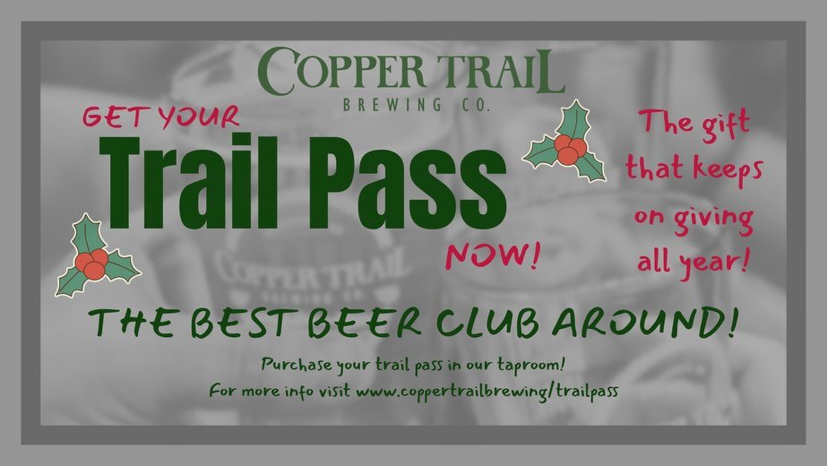 The gift that keeps on giving all year long! 🎁
Our trail passes are for sale in our taproom to gift to yourself or a loved one! For $297 a trail pass gets you 50% off shareables and merchandise, a free pint every week, a growler fill every month, an