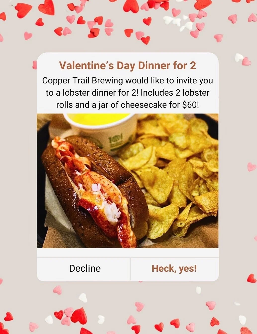 We would like to invite you to a Valentines Day Dinner for 2! Get 2 lobster rolls and an UGLY cheesecake for $60!🦞🌹❤️

Feb 13-15th-Lobster Rolls and cheesecakes are while supplies last!

#alexandriamn #brewpub #brewery #craftbeer #downtownalexandri