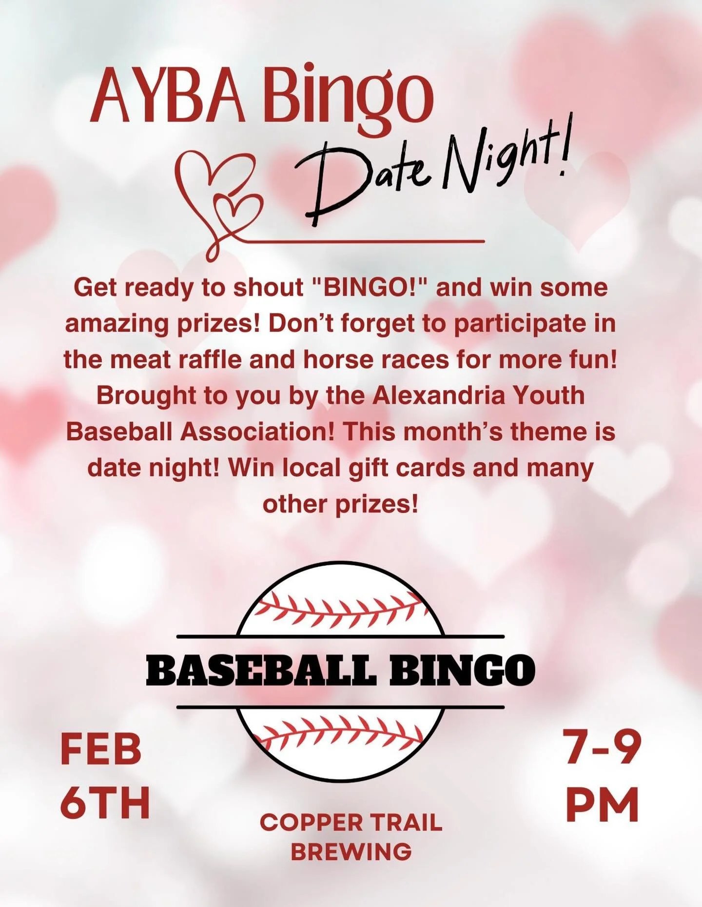 February&rsquo;s AYBA Bingo theme is Date Night!💕🌹Win local gift cards for the perfect night out! Play horse races and meat raffles for double the fun! Friday Feb 6th at 7pm!

#alexandriamn #brewpub #brewery #craftbeer #downtownalexandria