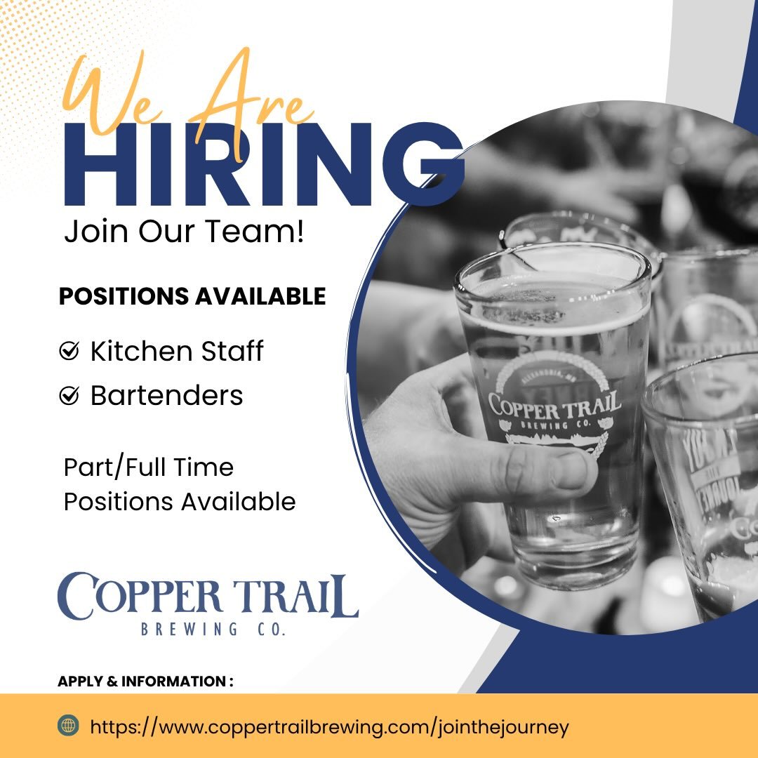 Join our team! We are hiring kitchen staff and bartenders! Visit our website to learn more about the positions and fill out an application online! If you love great beer and food this is the place for you!

#alexandriamn #brewpub #brewery #craftbeer 