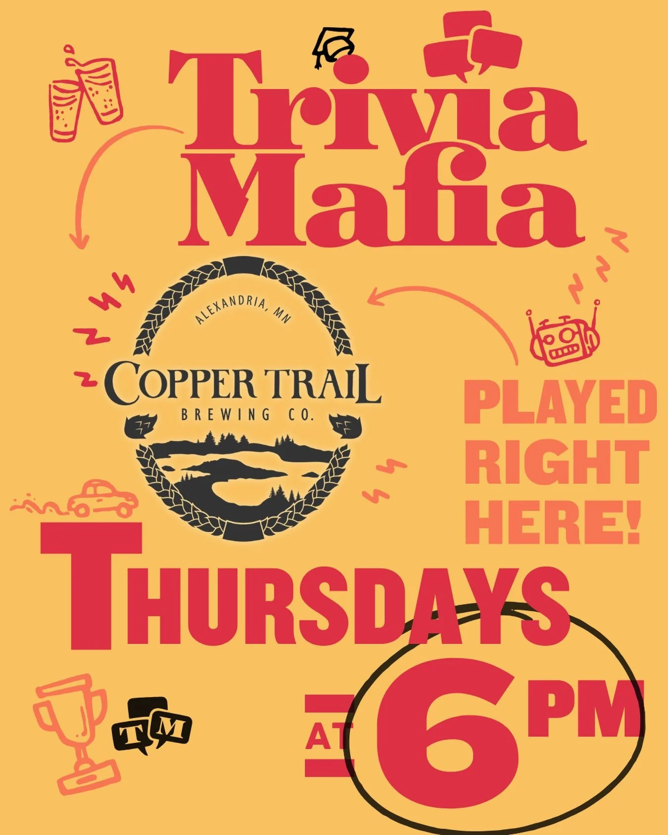 Where beer meets brains💡🍻 the world&rsquo;s greatest bar trivia right here at Copper Trail Brewing! Every Thursday from 6-8pm join us for FREE trivia by trivia mafia in our taproom!

#alexandriamn #brewpub #brewery #craftbeer #downtownalexandria