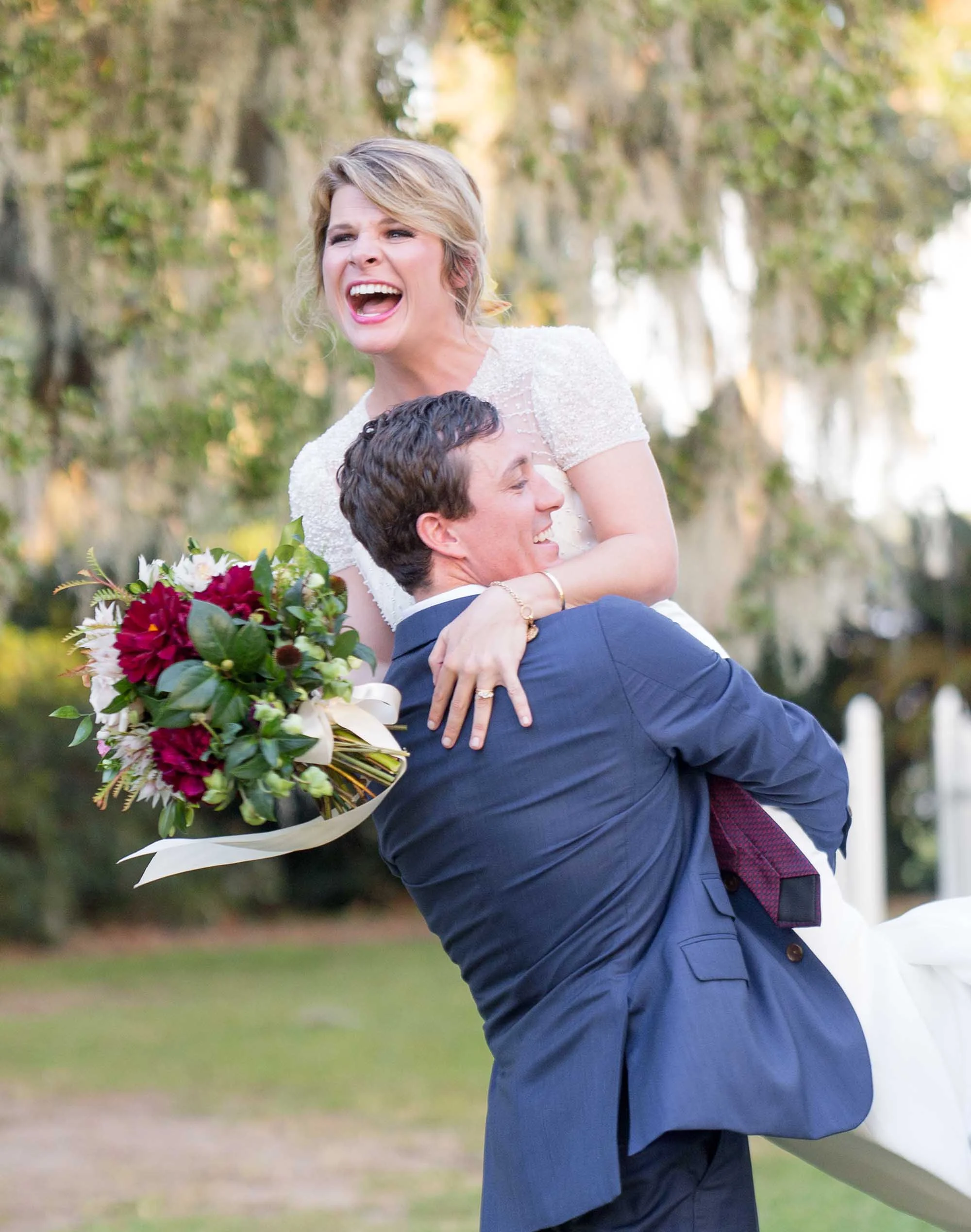 Edisto Plantation wedding couple celebrating.