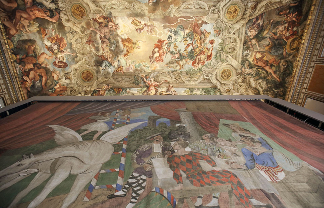 The curtain of Parade by Picasso (1917) under the frescoed ceiling by Pietro da Cortona. Installation view, Palazzo Barberini, September 2017. Photo by Alberto Novelli 