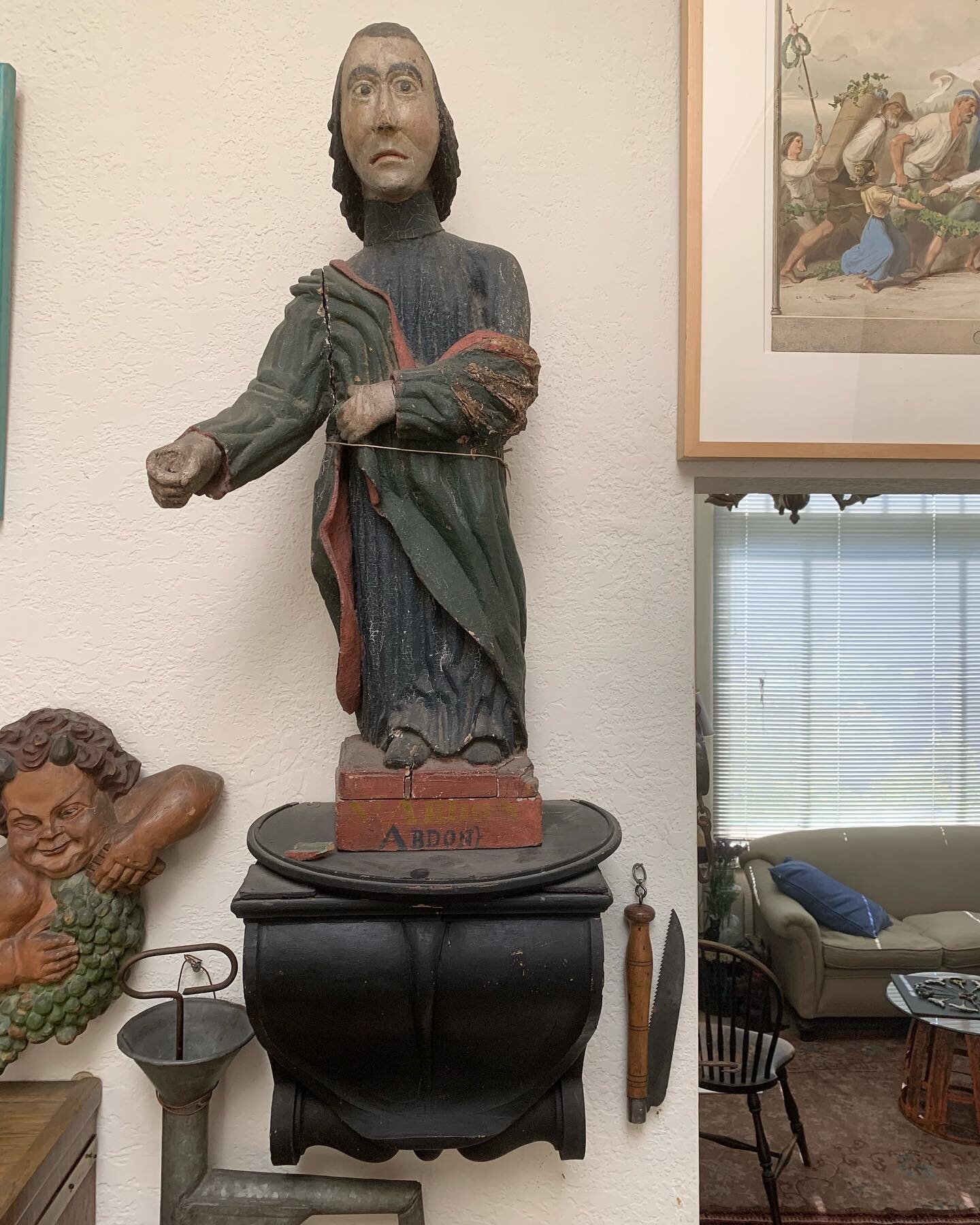 Available. From the collection, a remarkable statue made from wood and papier-m&acirc;ch&eacute;. It is late 1700s and in very good condition. So folksy. He stands 28 &ldquo; and the stand is another 12&rdquo;. Gotta say, St Abdon is quite fabulous! 