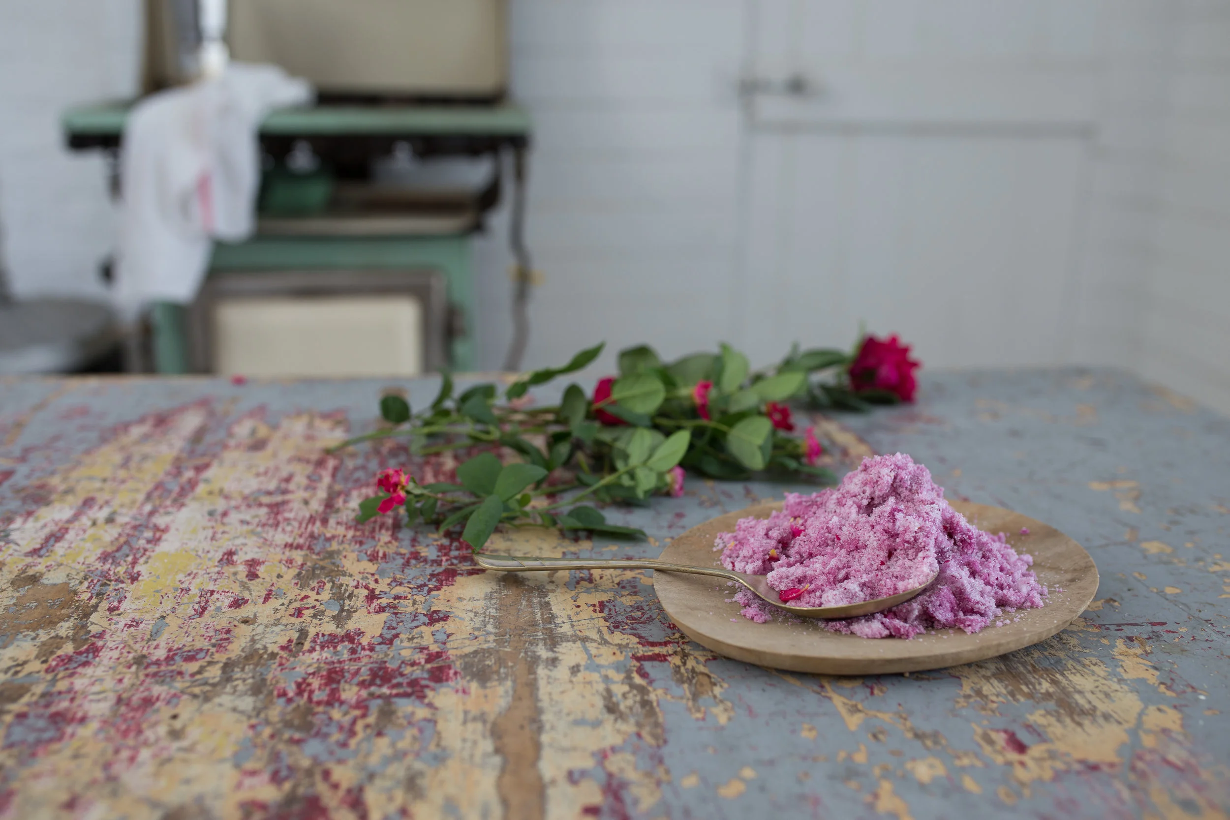 The rose sugar, which is simply the rose petals blitzed with caster sugar.