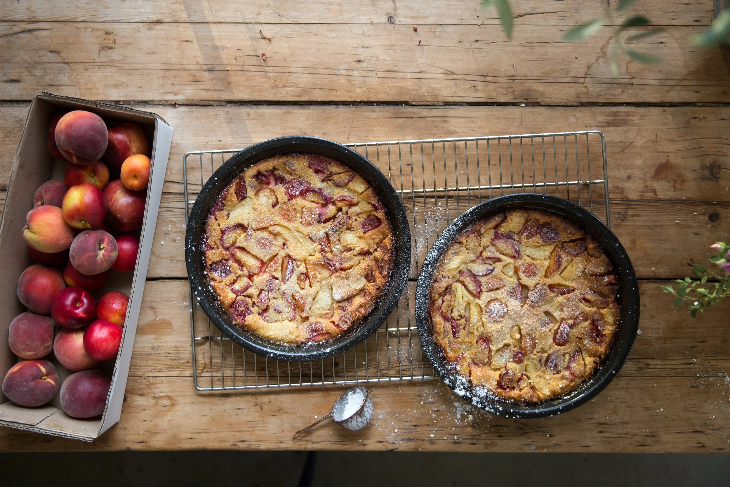 This is a peach clafoutis Annabelle made in the summer, but below Gillian gives us her recipe for a much more autumnal apple and rosemary version.