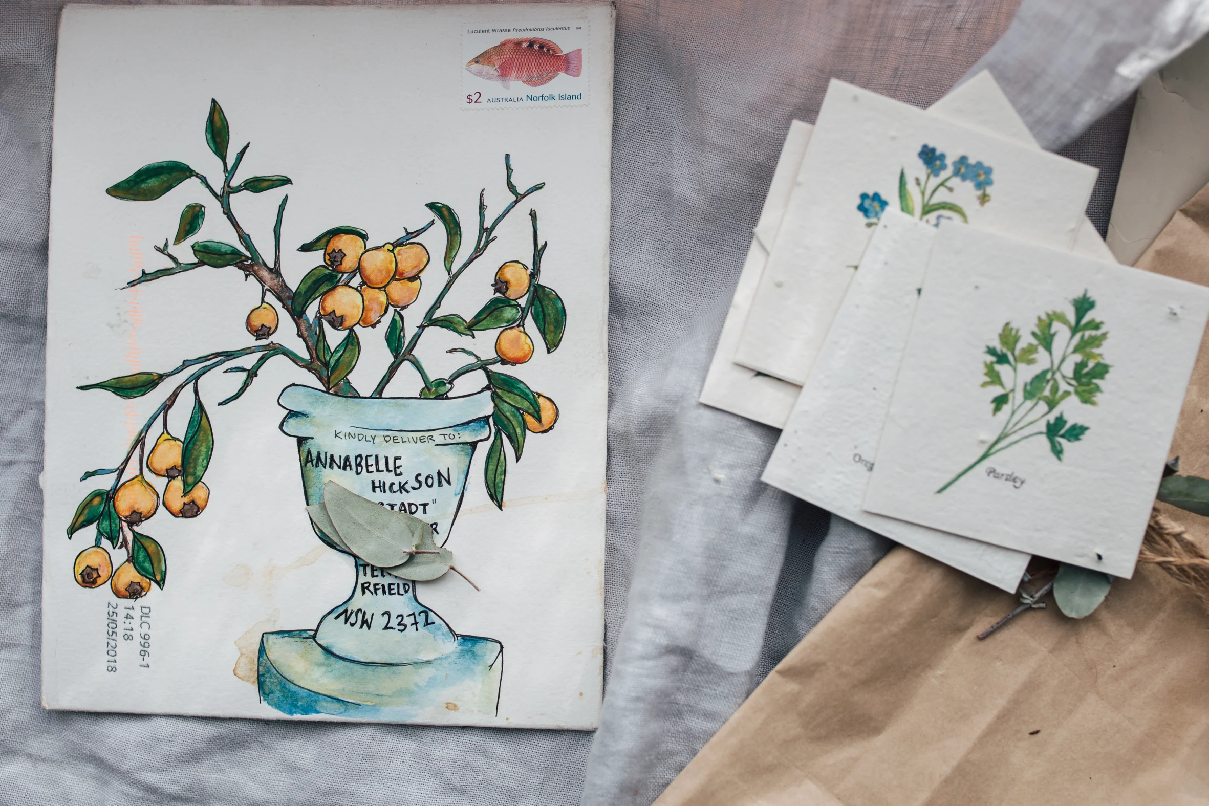 And more beautiful mail this week - a letter from Naomi Bulger, who, as you can see, makes the most beautiful envelopes. Find more of her work on instagram @naomibulger or here . And on the right are little cards embedded with seeds made by Cathy (of the animal gift cards above). So you can write a message, send it to a friend and then, after reading it, your friend can plant the card. I think it is the most wonderful idea.