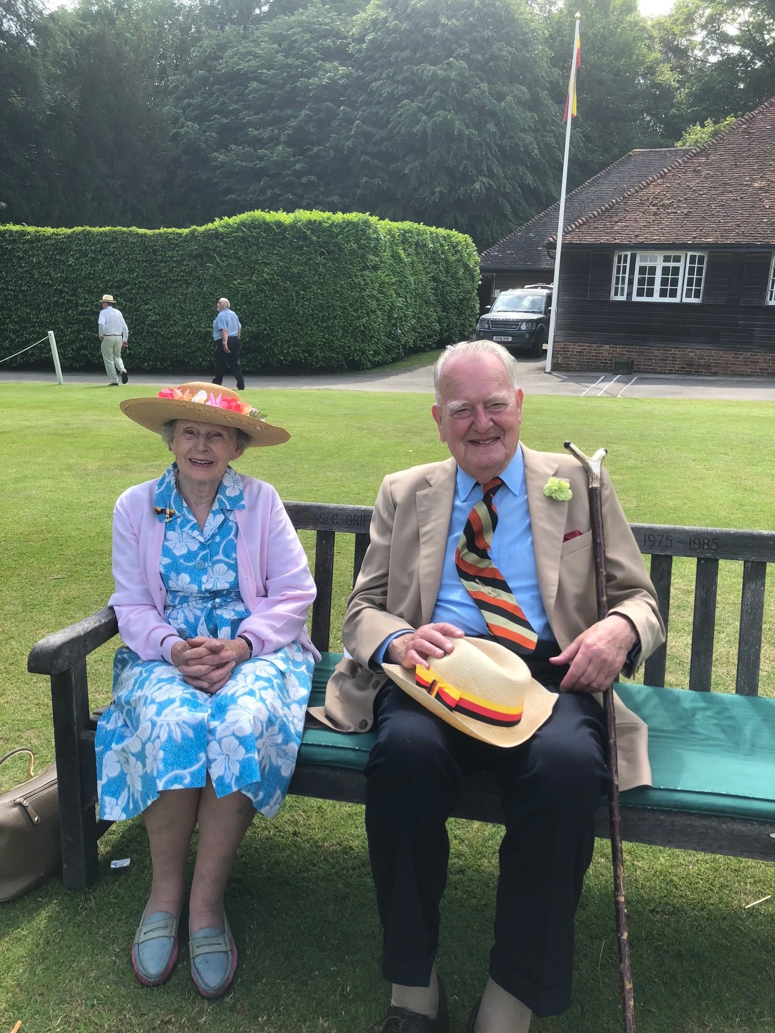 Fiona and Malcolm H, members of I Zingari cricket club (established 1845), watching I Zingari play the Duke of Norfolk's X!, Arundel cricket ground.