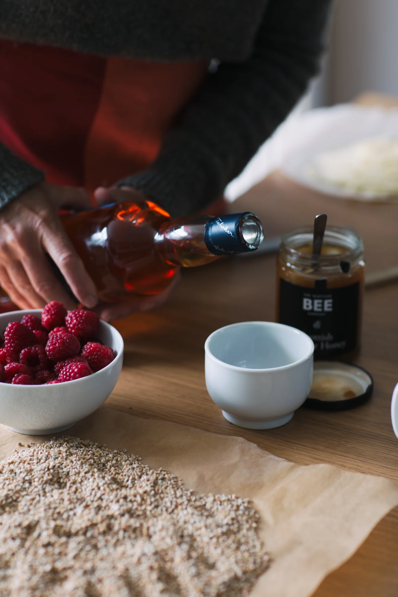 Preparing the cranachan layer for the cake