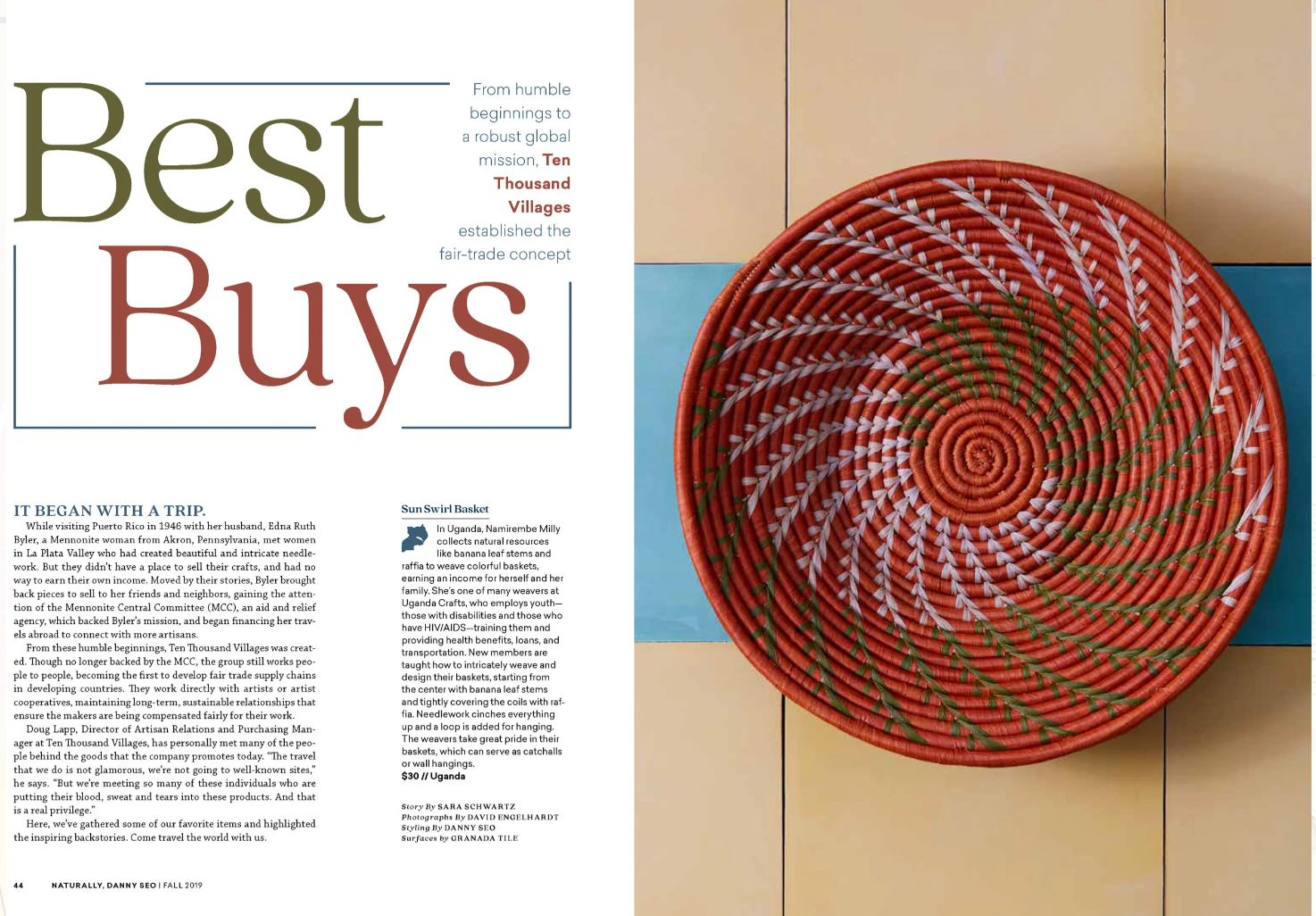 Magazine spread with text about Ten Thousand Villages and a woven basket on a colorful tiled background.