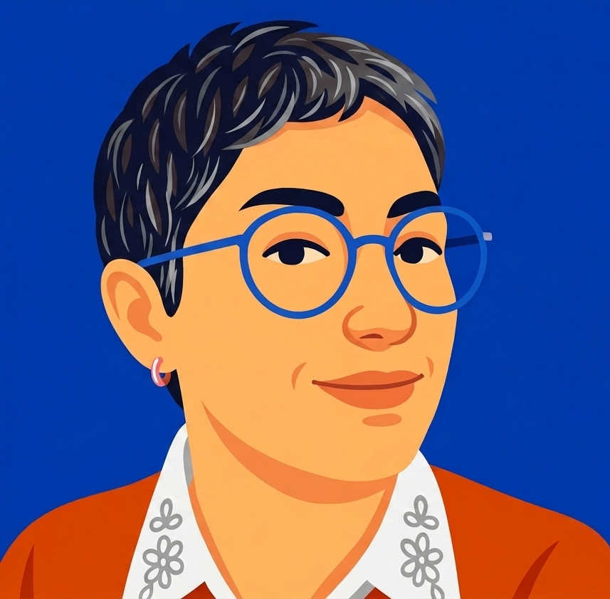 A colorful illustration of Sara Schwartz, wearing glasses, and sporting a cute pixie cut with salt and pepper hair.