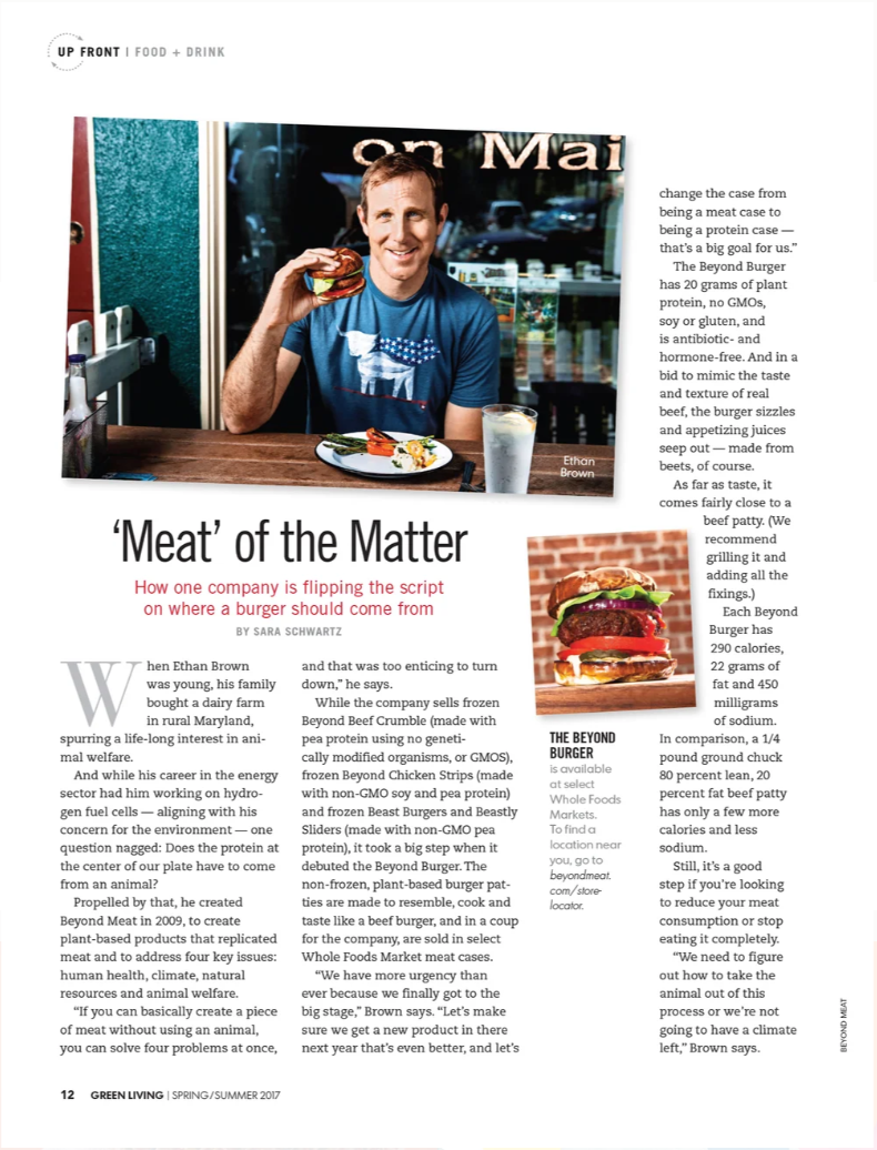 A magazine page featuring a man eating a burger, with a plate of food and a glass of water in front of him. There is a smaller picture of a burger with lettuce, tomato, and a beef patty. The text discusses plant-based protein and Beyond Burger.