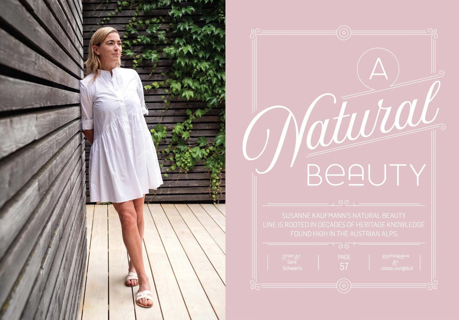 A woman in a white dress standing on a wooden deck next to a wooden wall with green ivy, looking to the side. The right side of the image features a pink section with the text 'A Natural Beauty' and additional information about a story by Sara Schwar